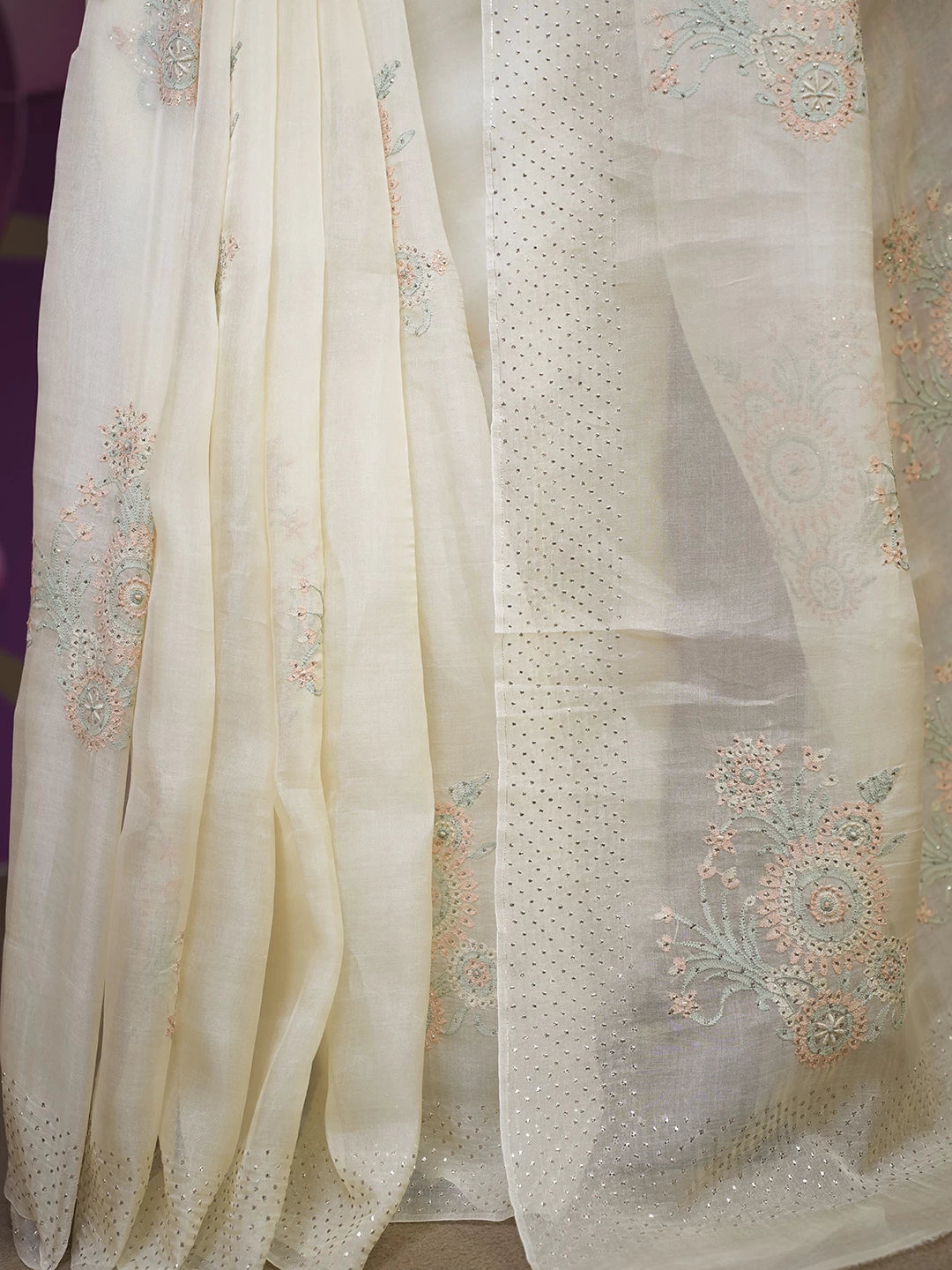 Ada Hand Embroidered Beige Organza Lucknowi Chikankari Saree With Blouse And Mukaish Work 01A512133