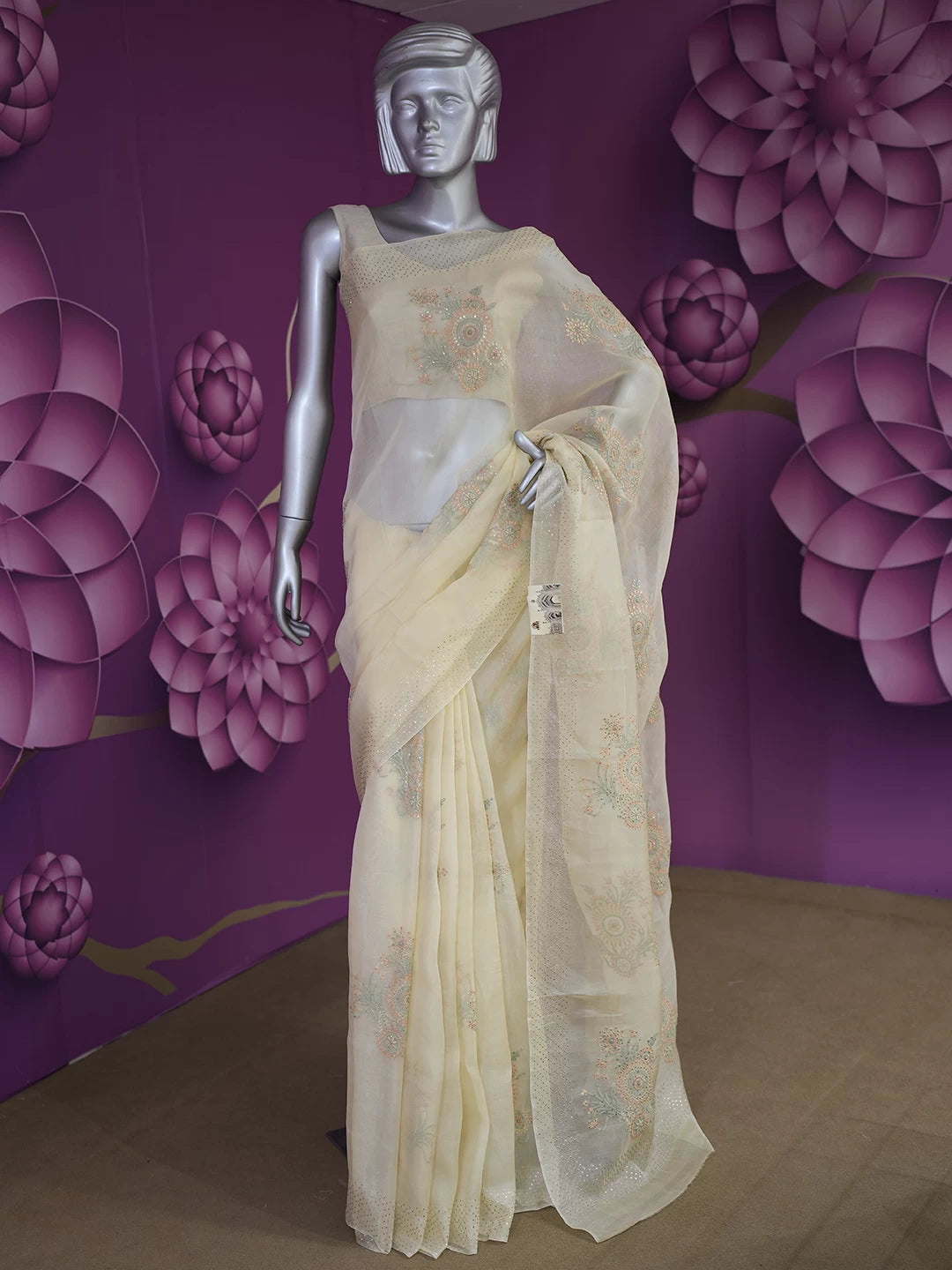 Ada Hand Embroidered Beige Organza Lucknowi Chikankari Saree With Blouse And Mukaish Work 01A512133