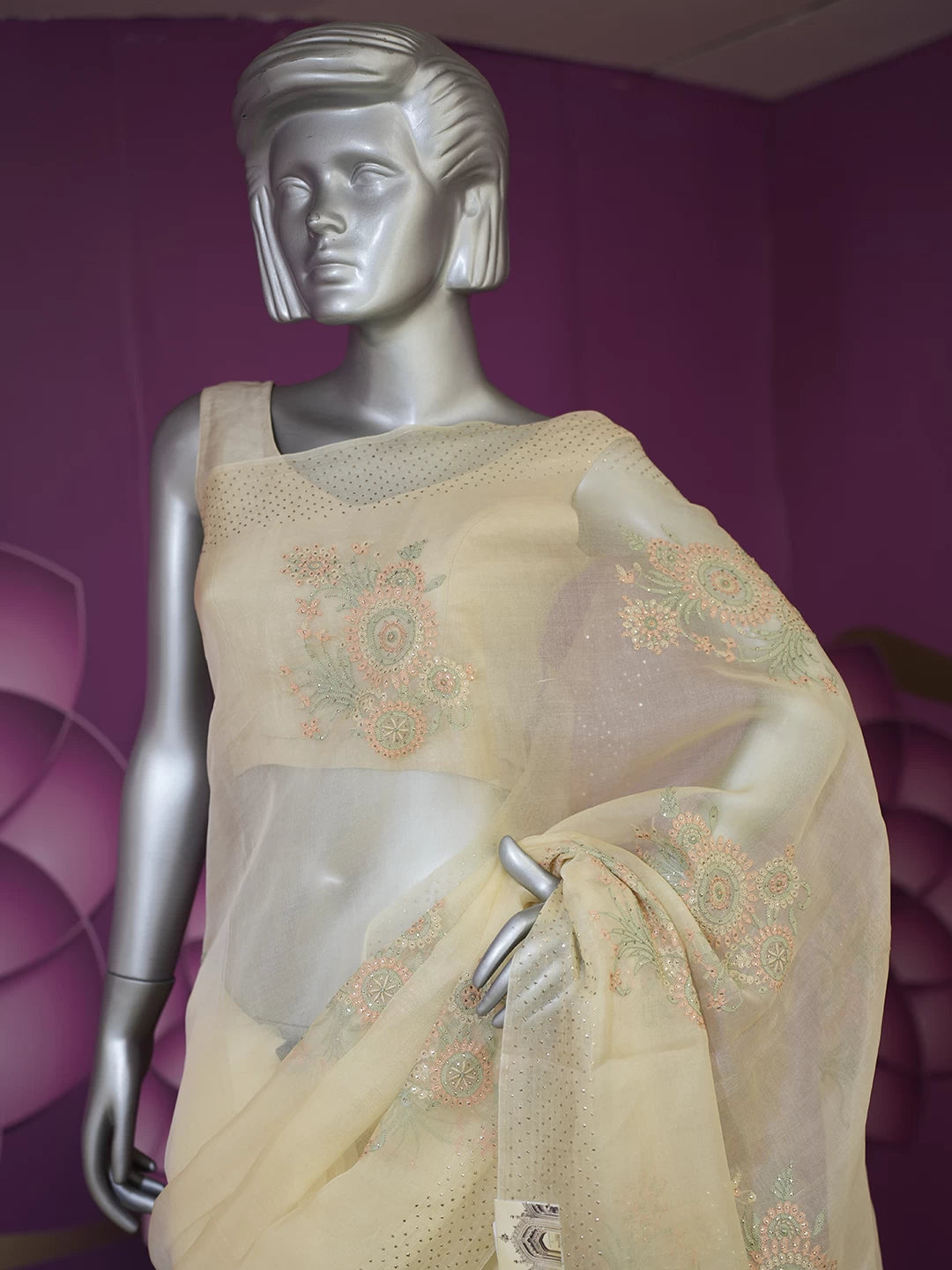 Ada Hand Embroidered Beige Organza Lucknowi Chikankari Saree With Blouse And Mukaish Work 01A512133