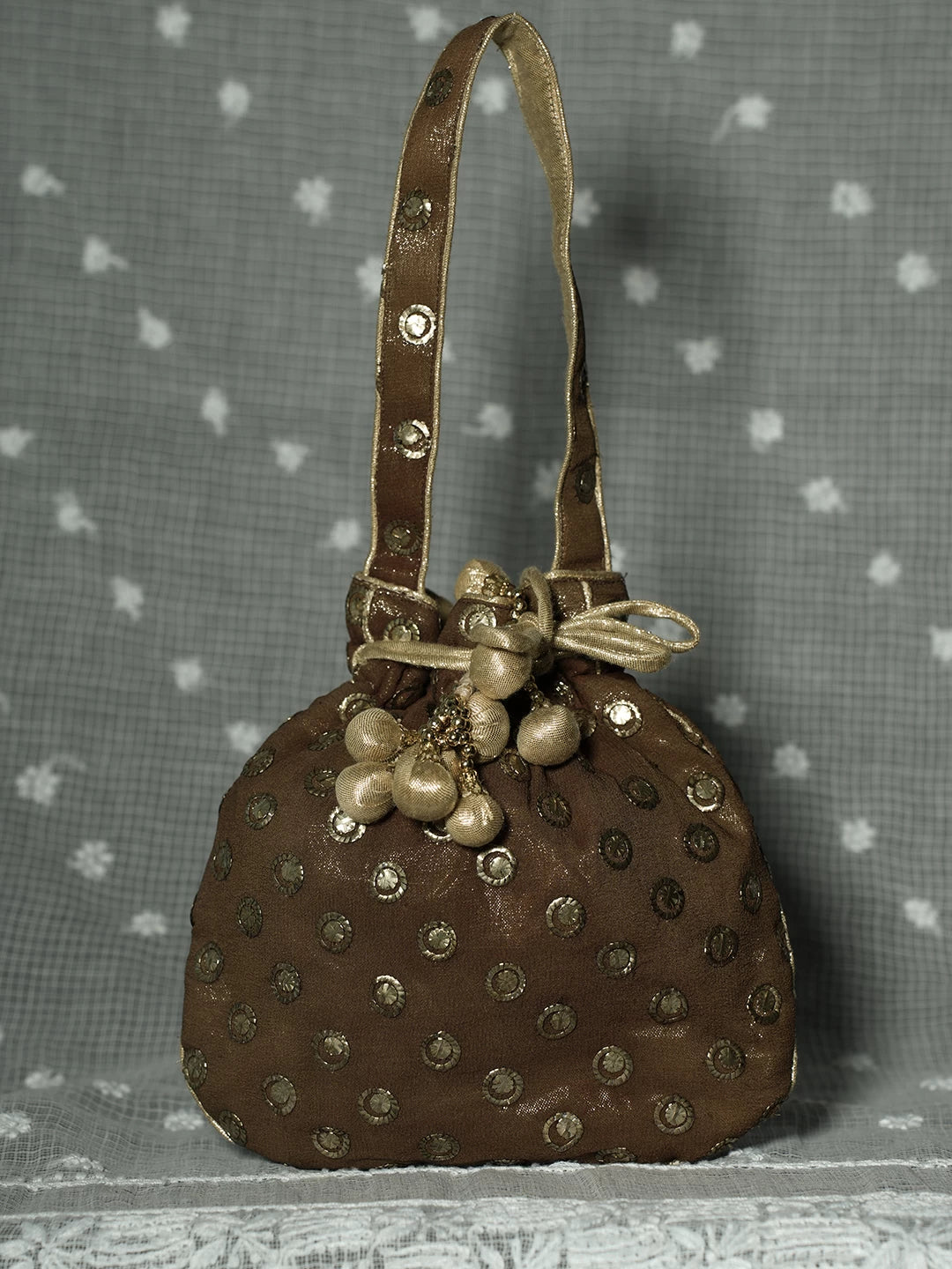 Ada Hand Embroidered Brown Pure Georgette Lucknowi Chikankari Potli  Bag With Muqaish Work 01A80336