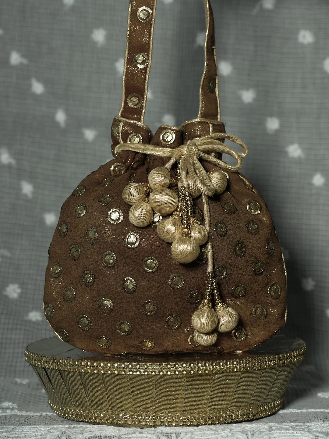 Ada Hand Embroidered Brown Pure Georgette Lucknowi Chikankari Potli  Bag With Muqaish Work 01A80336