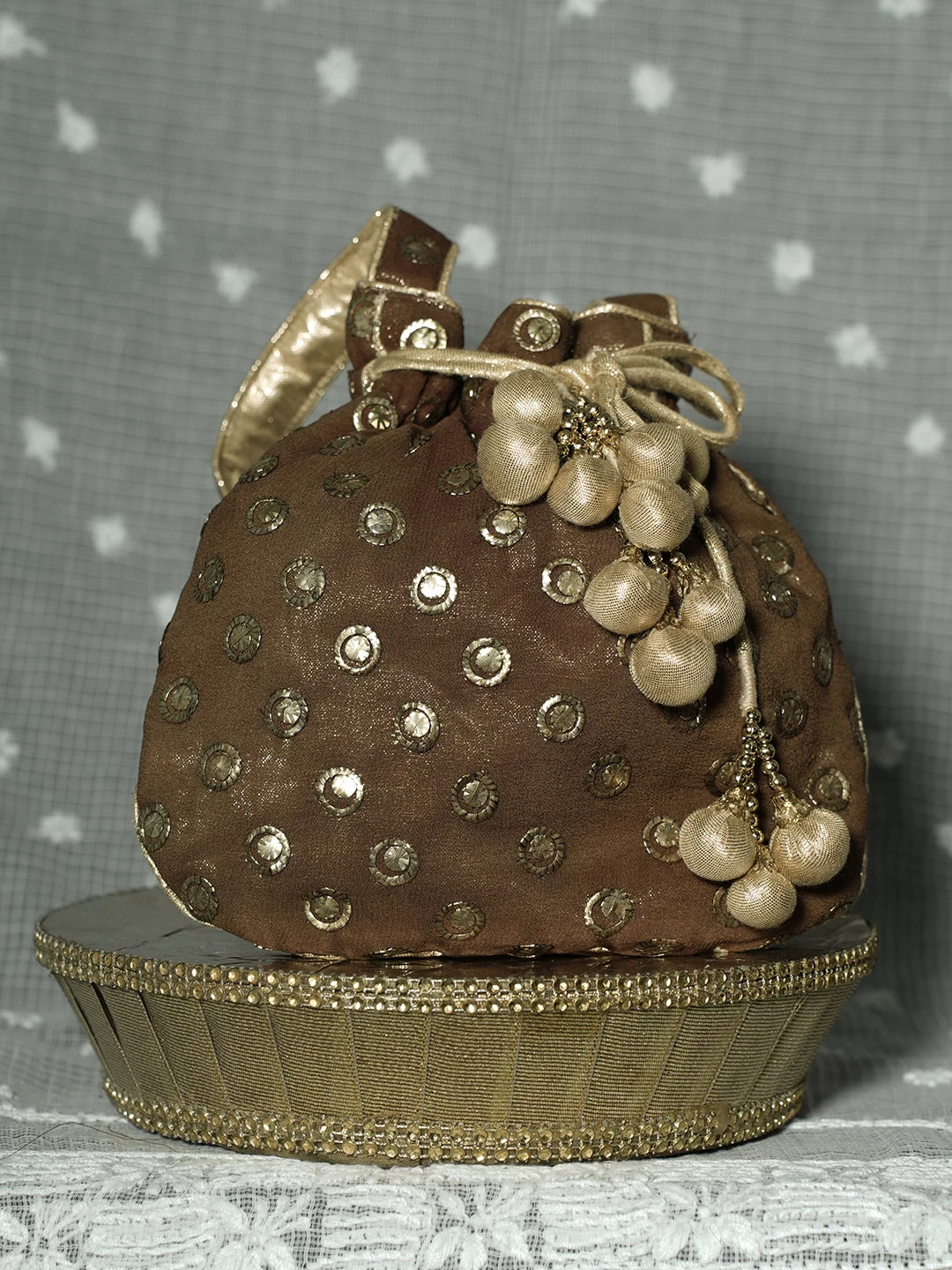 Ada Hand Embroidered Brown Pure Georgette Lucknowi Chikankari Potli  Bag With Muqaish Work 01A80336