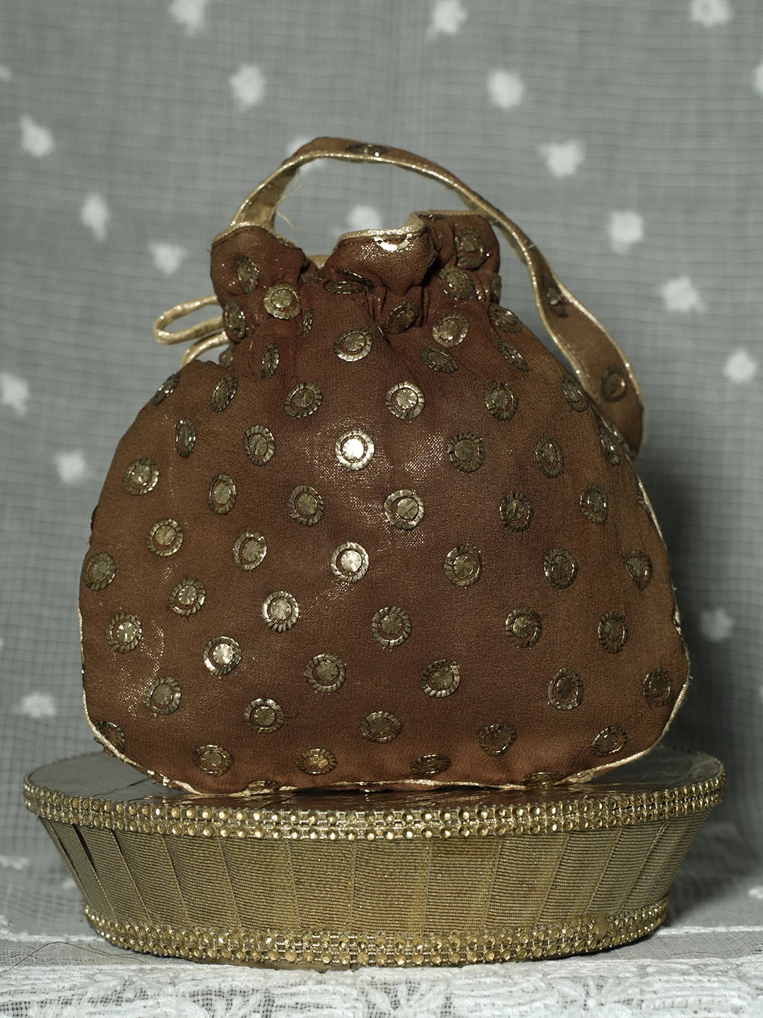 Ada Hand Embroidered Brown Pure Georgette Lucknowi Chikankari Potli  Bag With Muqaish Work 01A80336
