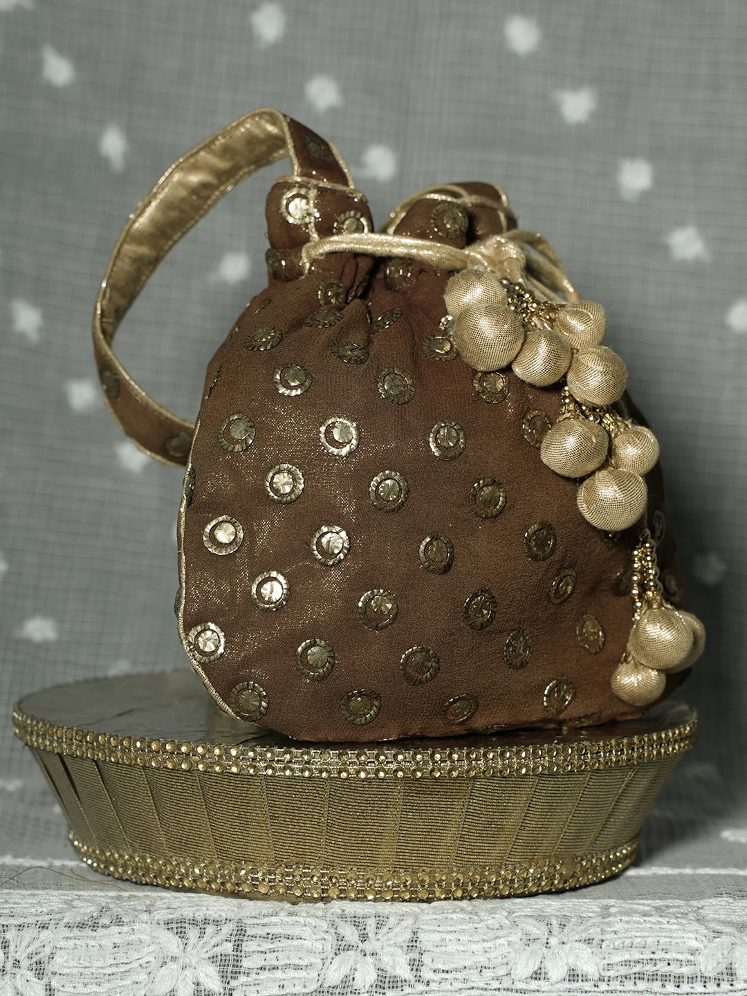 Ada Hand Embroidered Brown Pure Georgette Lucknowi Chikankari Potli  Bag With Muqaish Work 01A80336