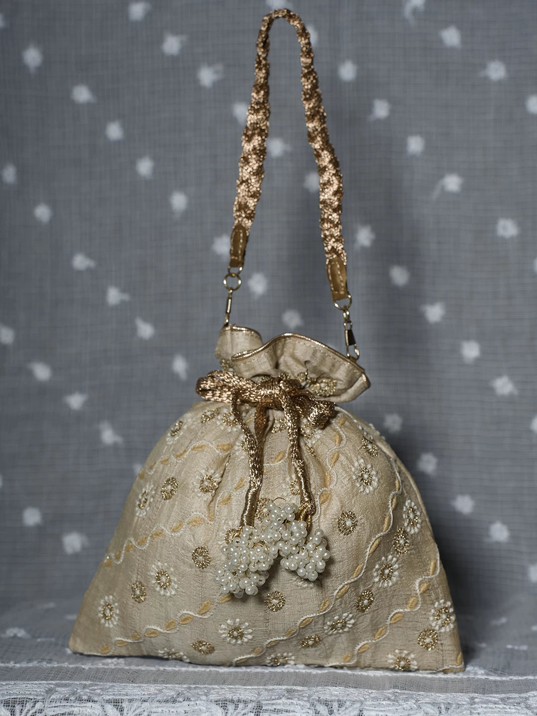 Ada Hand Embroidered Natural Fawn Silk Lucknowi Chikankari Potli Bag With Zari Work 01A506763