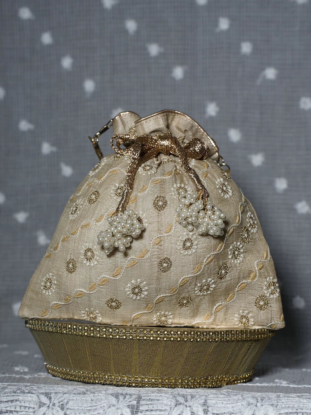 Ada Hand Embroidered Natural Fawn Silk Lucknowi Chikankari Potli Bag With Zari Work 01A506763