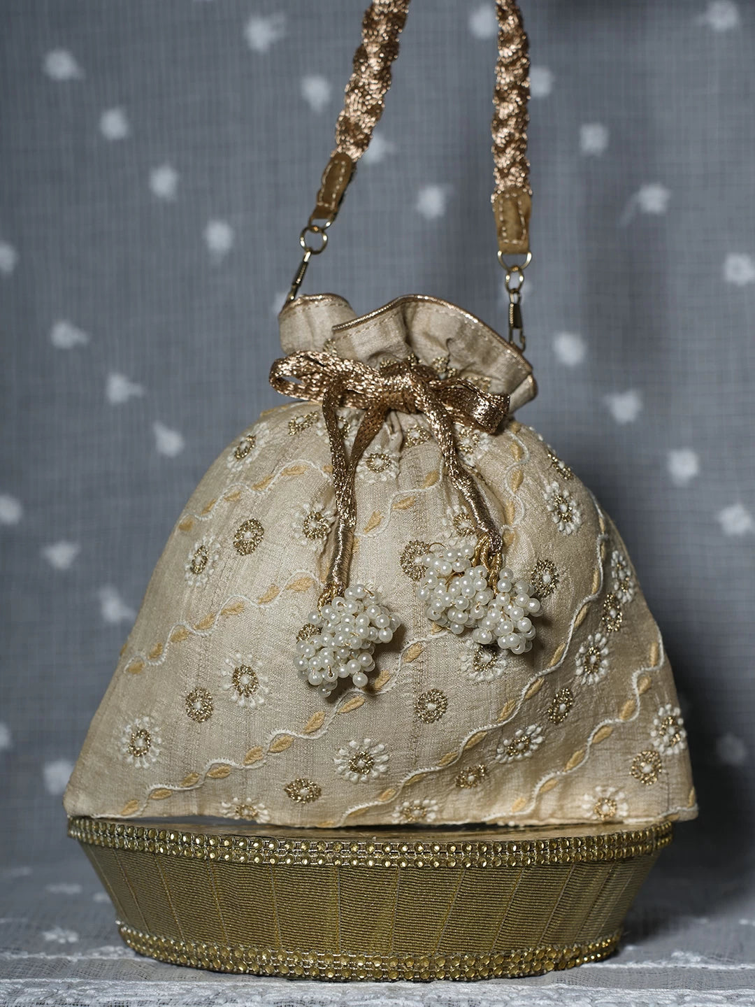 Ada Hand Embroidered Natural Fawn Silk Lucknowi Chikankari Potli Bag With Zari Work 01A506763