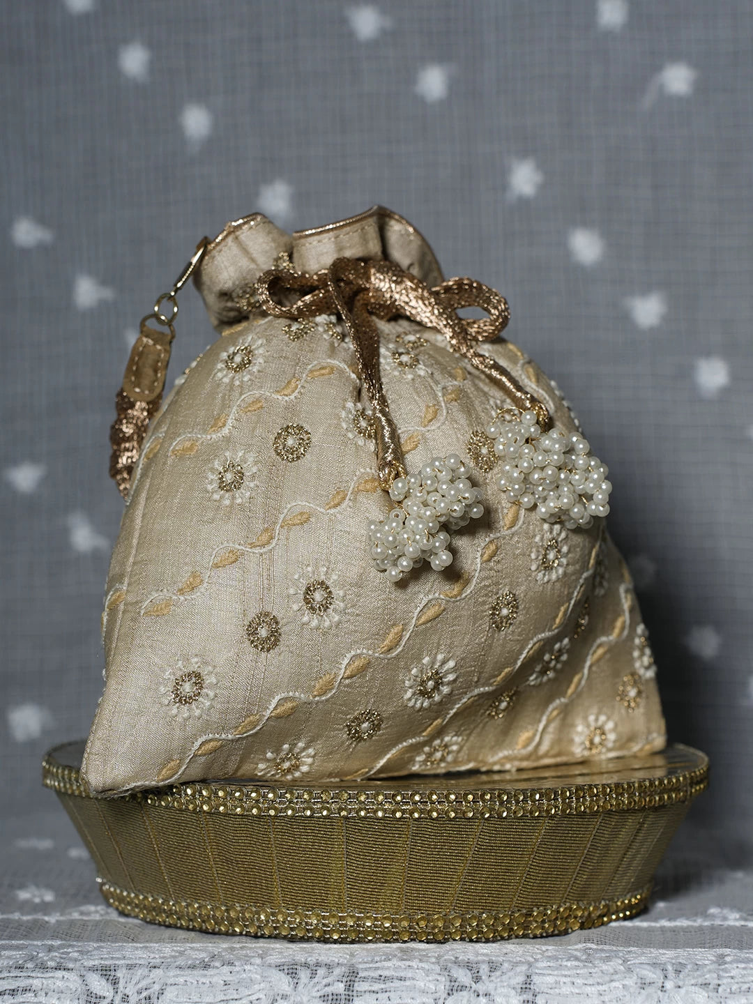 Ada Hand Embroidered Natural Fawn Silk Lucknowi Chikankari Potli Bag With Zari Work 01A506763