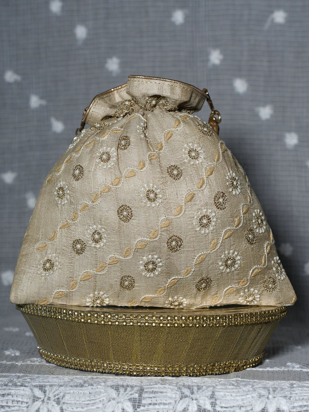 Ada Hand Embroidered Natural Fawn Silk Lucknowi Chikankari Potli Bag With Zari Work 01A506763