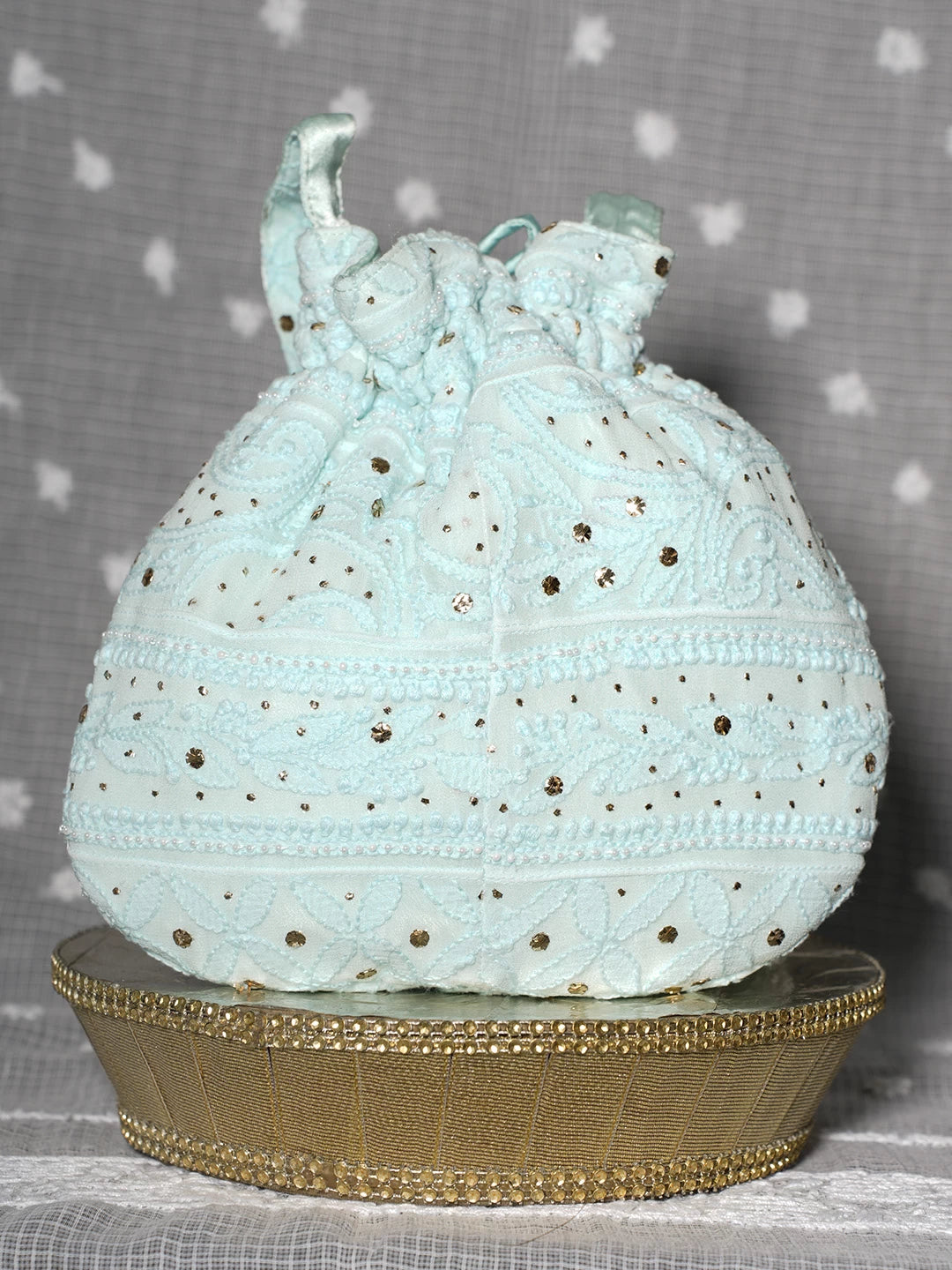 Ada Hand Embroidered Sea Green Viscose Georgette Lucknowi Chikankari Potli Bag With Muqaish Work 01A488339