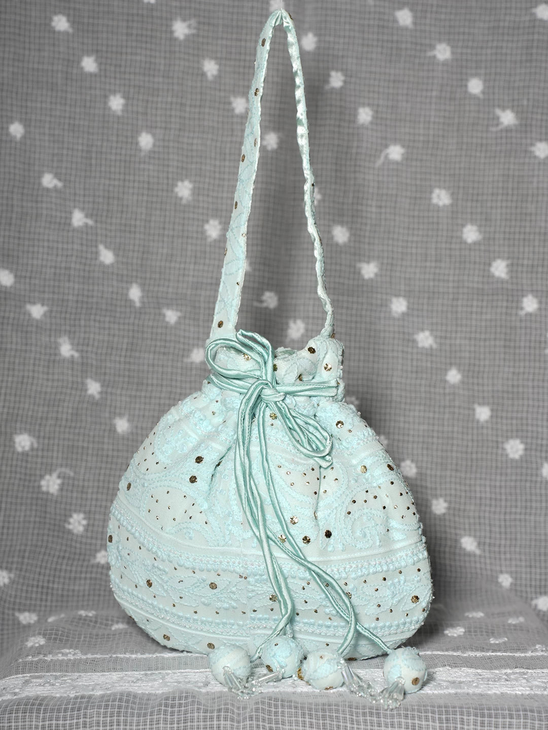 Ada Hand Embroidered Sea Green Viscose Georgette Lucknowi Chikankari Potli Bag With Muqaish Work 01A488339