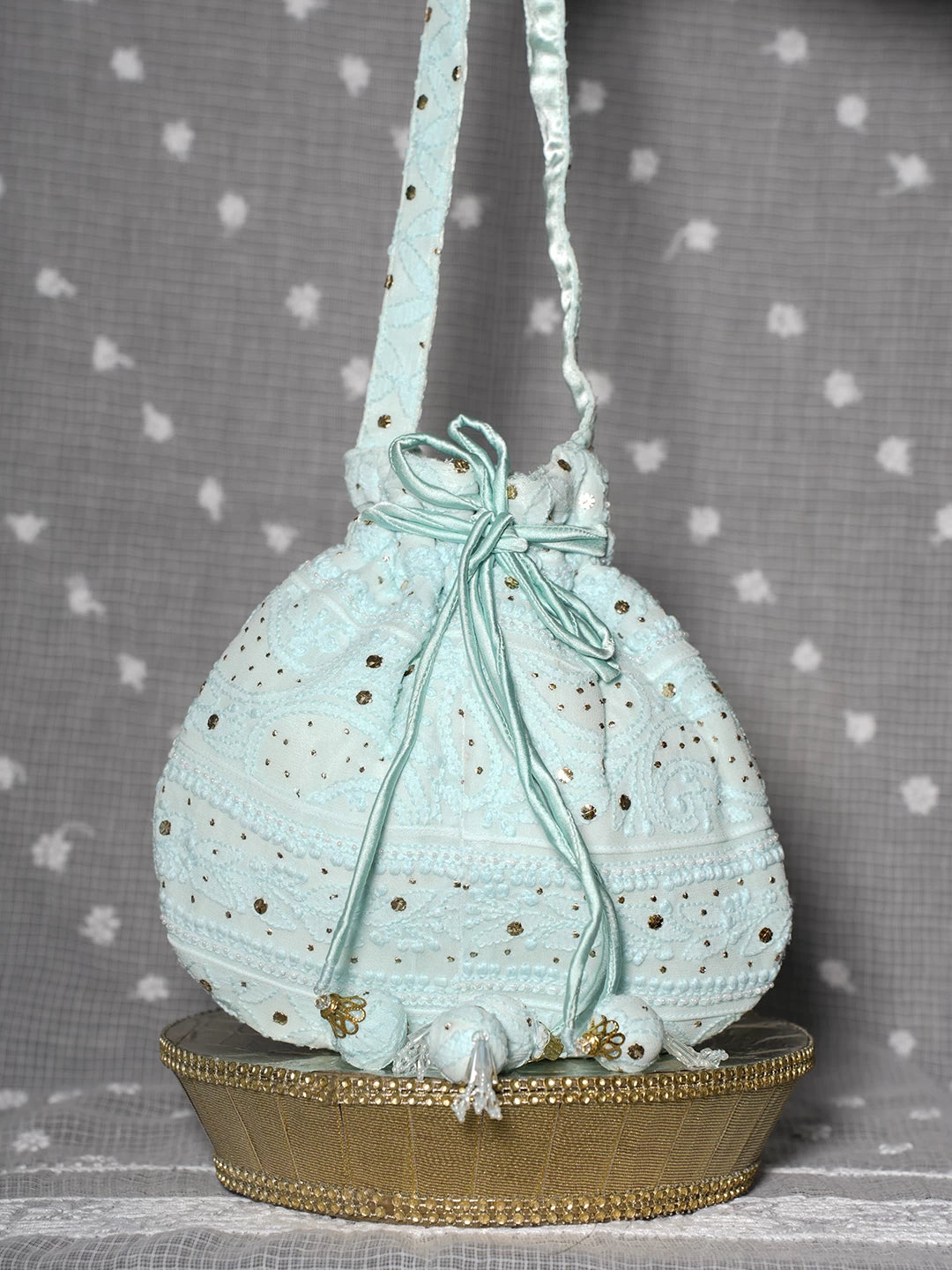 Ada Hand Embroidered Sea Green Viscose Georgette Lucknowi Chikankari Potli Bag With Muqaish Work 01A488339