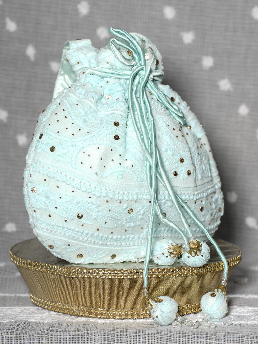 Ada Hand Embroidered Sea Green Viscose Georgette Lucknowi Chikankari Potli Bag With Muqaish Work 01A488339