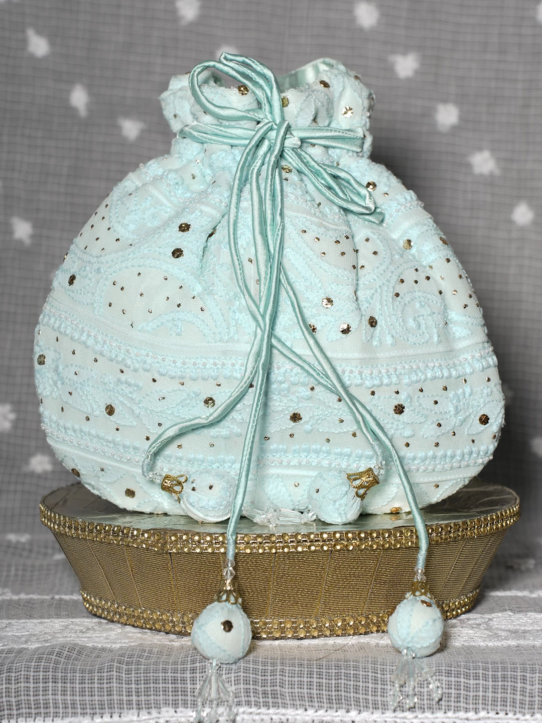 Ada Hand Embroidered Sea Green Viscose Georgette Lucknowi Chikankari Potli Bag With Muqaish Work 01A488339
