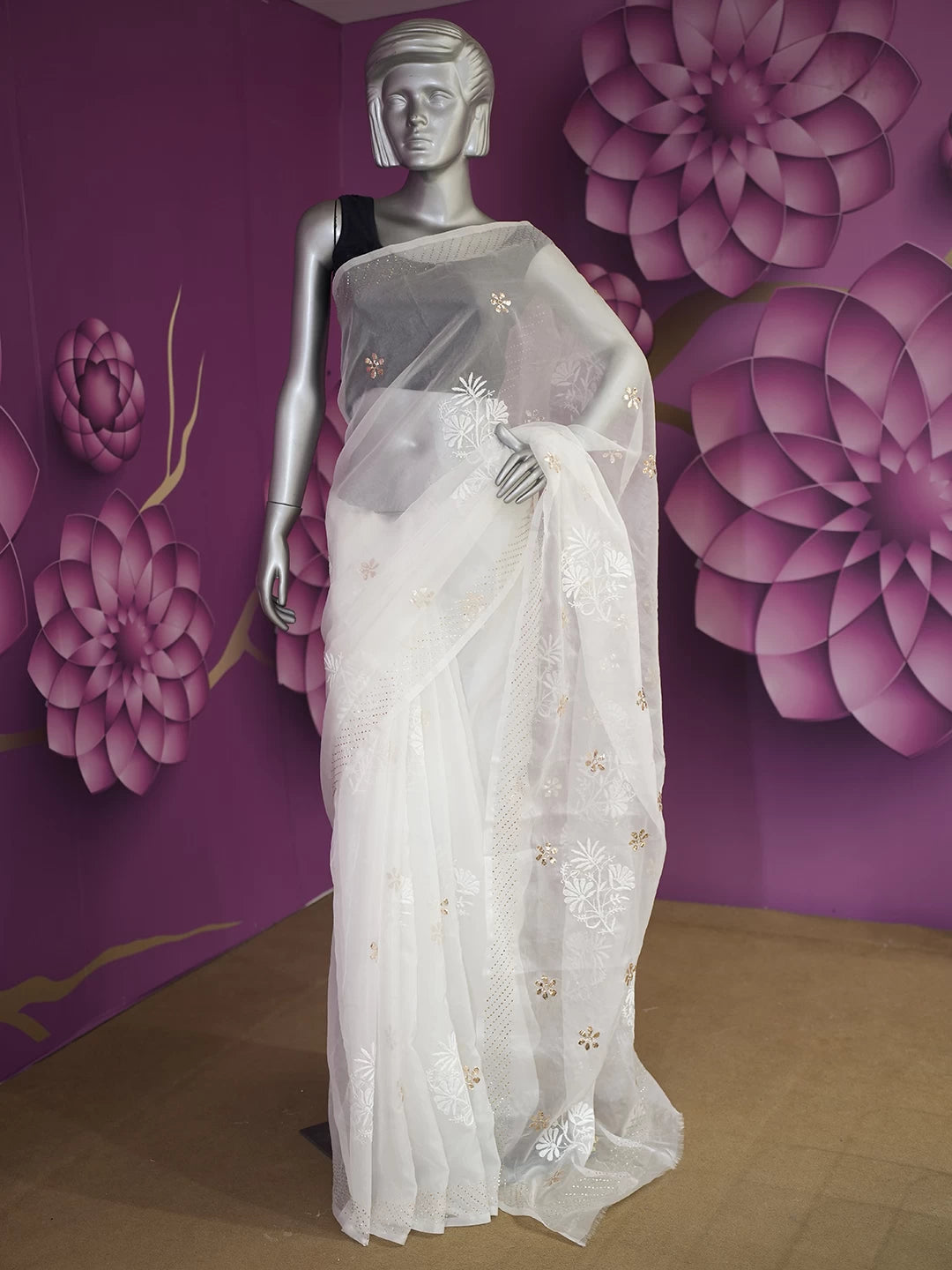 Ada Hand Embroidered Pearl White Organza Lucknowi Chikankari Saree With Blouse And Mukaish Work 01A510755