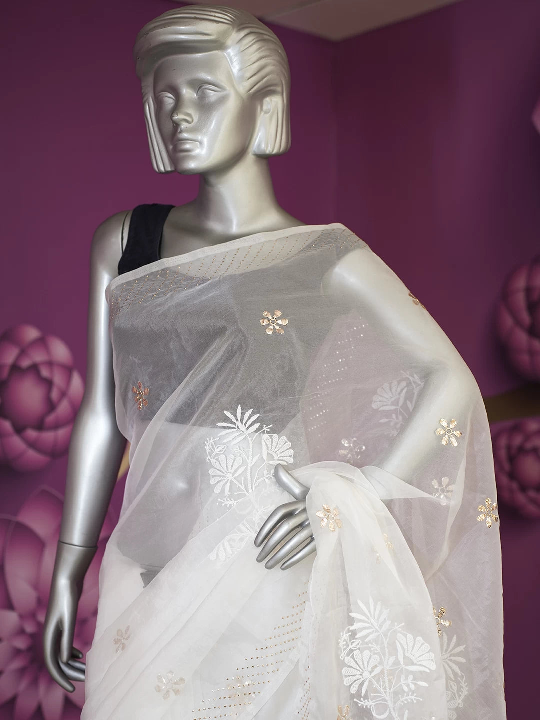 Ada Hand Embroidered Pearl White Organza Lucknowi Chikankari Saree With Blouse And Mukaish Work 01A510755