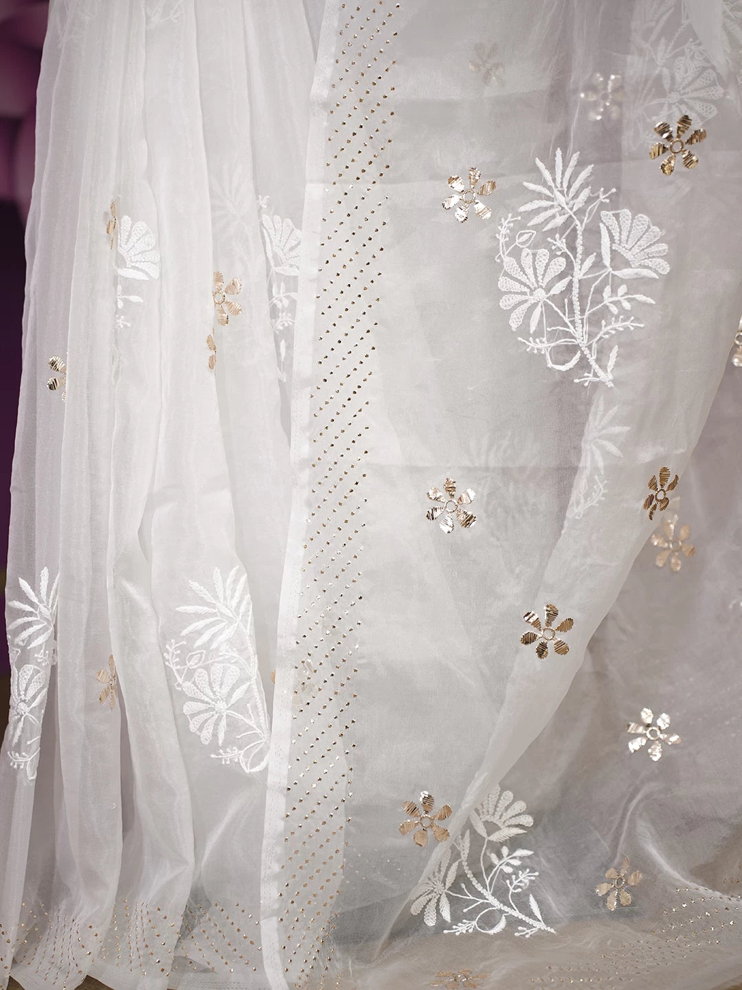 Ada Hand Embroidered Pearl White Organza Lucknowi Chikankari Saree With Blouse And Mukaish Work 01A510755