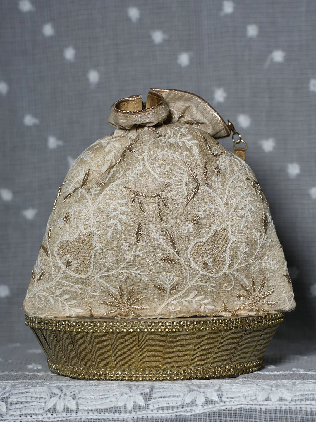 Ada Hand Embroidered Natural Fawn Silk Lucknowi Chikankari Potli Bag With Zari Work 01A506761