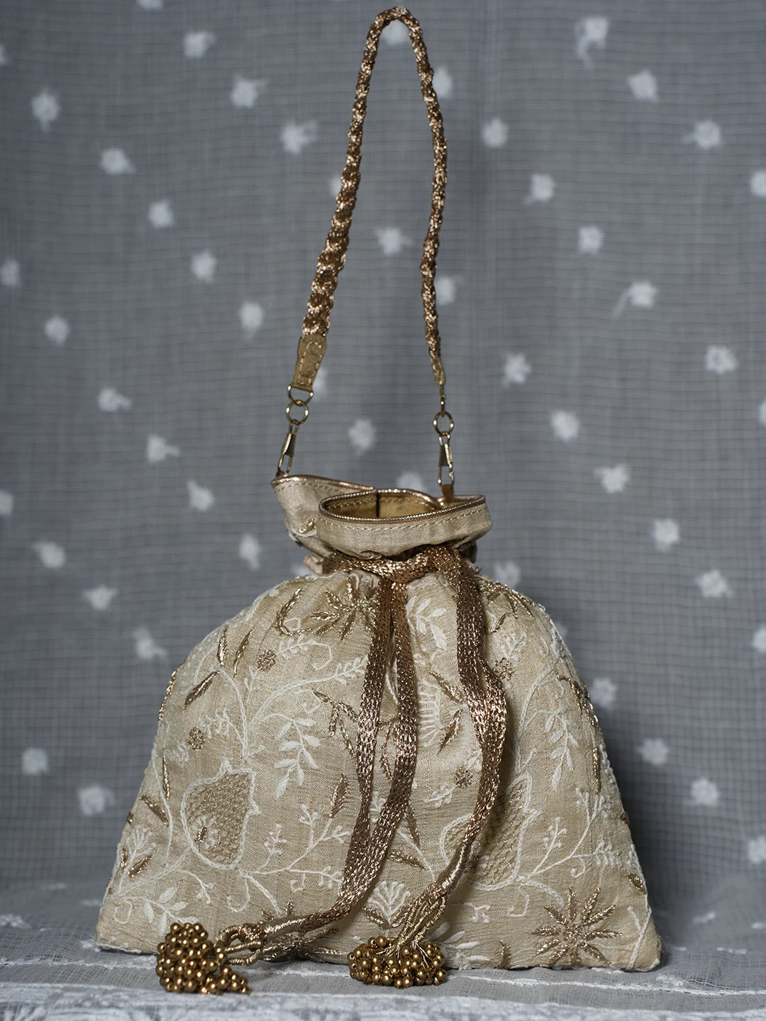 Ada Hand Embroidered Natural Fawn Silk Lucknowi Chikankari Potli Bag With Zari Work 01A506761