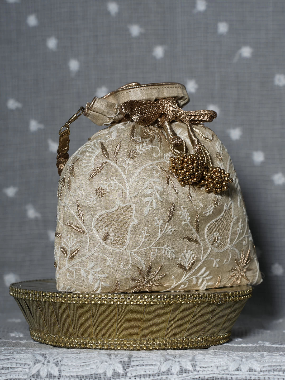 Ada Hand Embroidered Natural Fawn Silk Lucknowi Chikankari Potli Bag With Zari Work 01A506761
