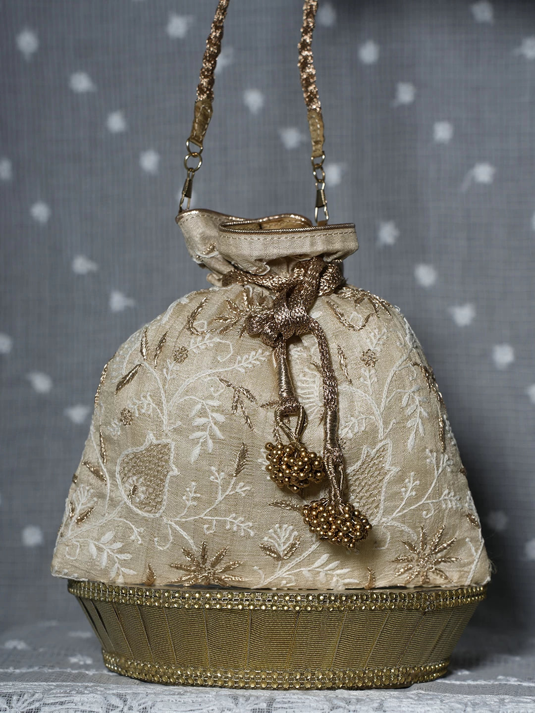 Ada Hand Embroidered Natural Fawn Silk Lucknowi Chikankari Potli Bag With Zari Work 01A506761
