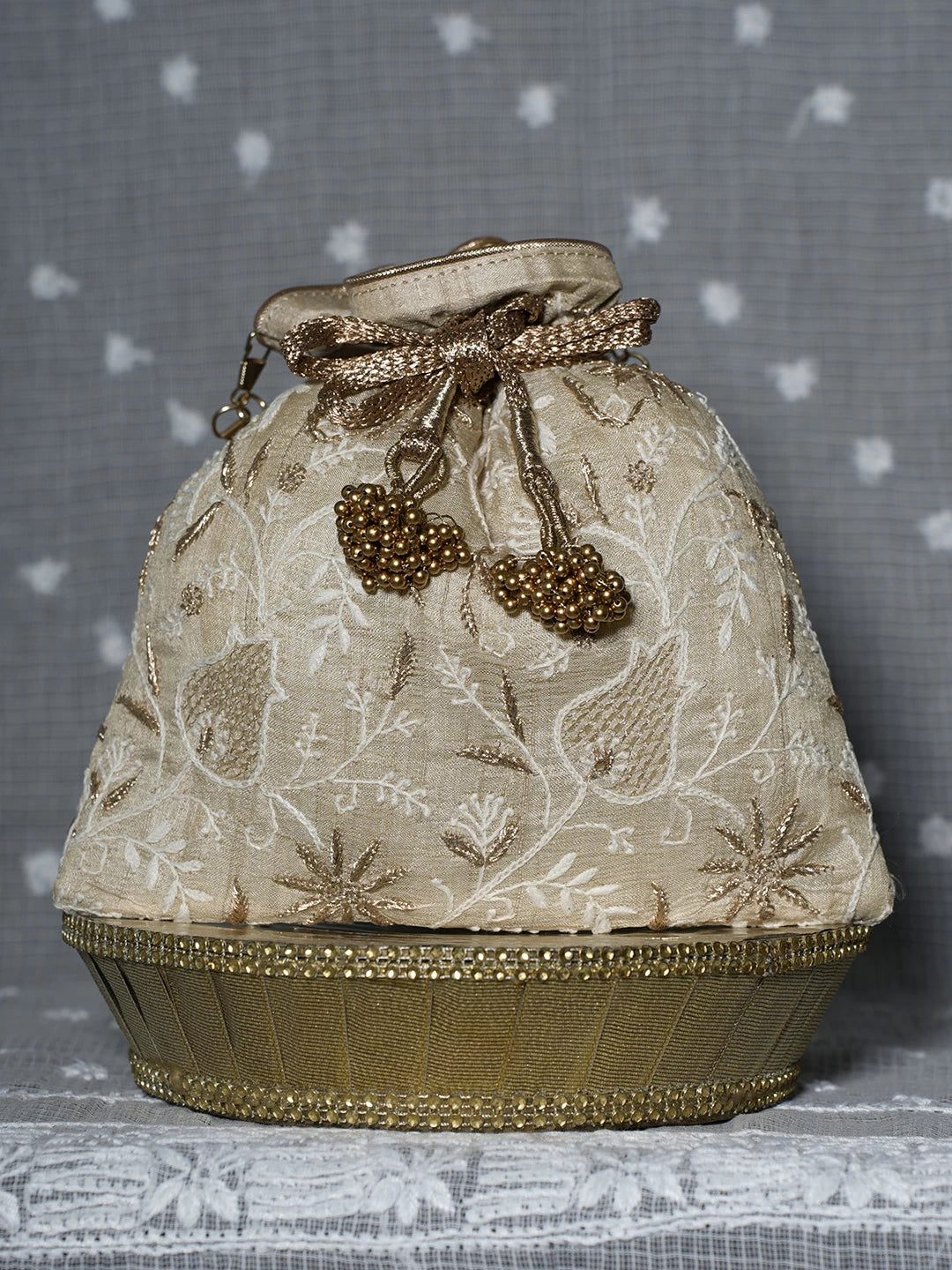 Ada Hand Embroidered Natural Fawn Silk Lucknowi Chikankari Potli Bag With Zari Work 01A506761