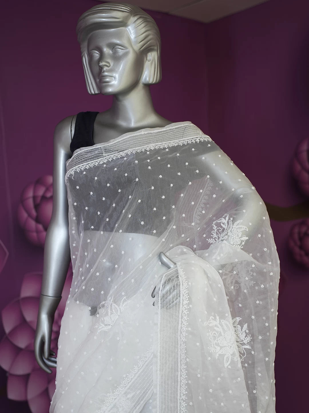 Ada Hand Embroidered White Organza Lucknowi Chikankari Saree With Blouse And Pearl Work 01A518735