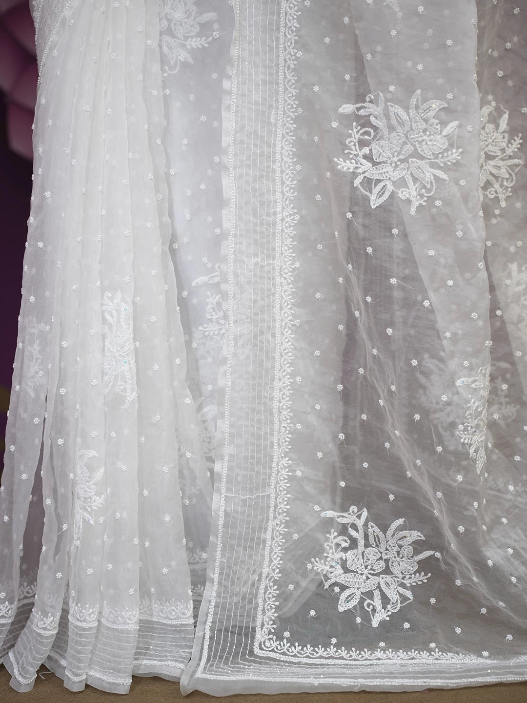 Ada Hand Embroidered White Organza Lucknowi Chikankari Saree With Blouse And Pearl Work 01A518735