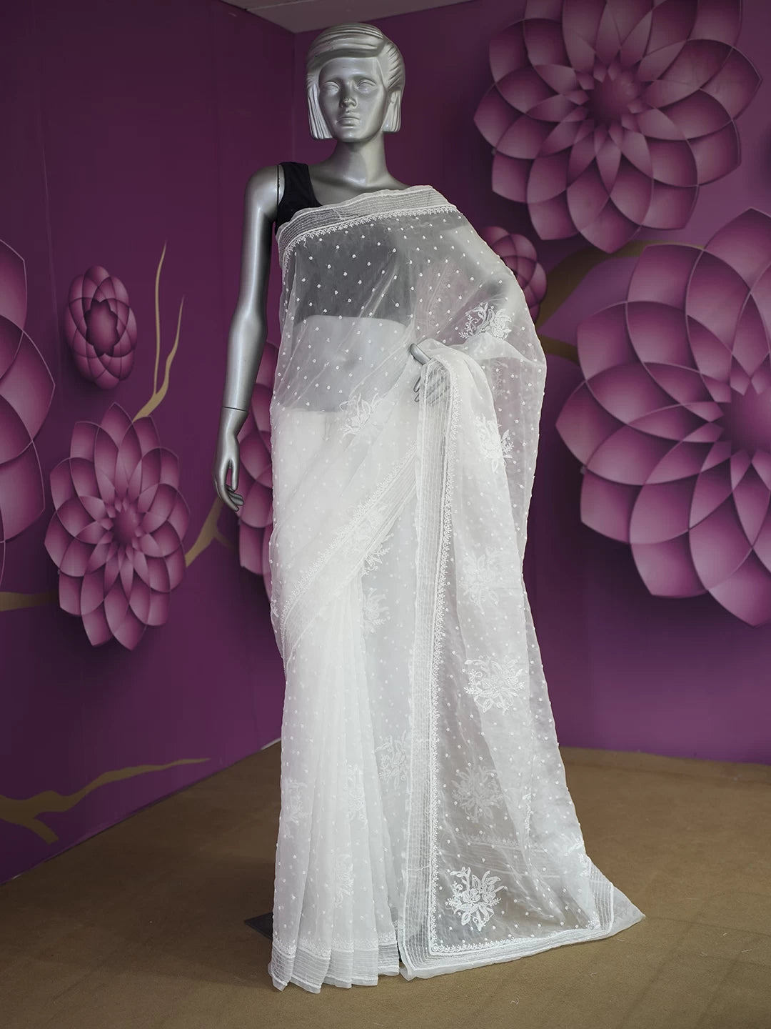 Ada Hand Embroidered White Organza Lucknowi Chikankari Saree With Blouse And Pearl Work 01A518735
