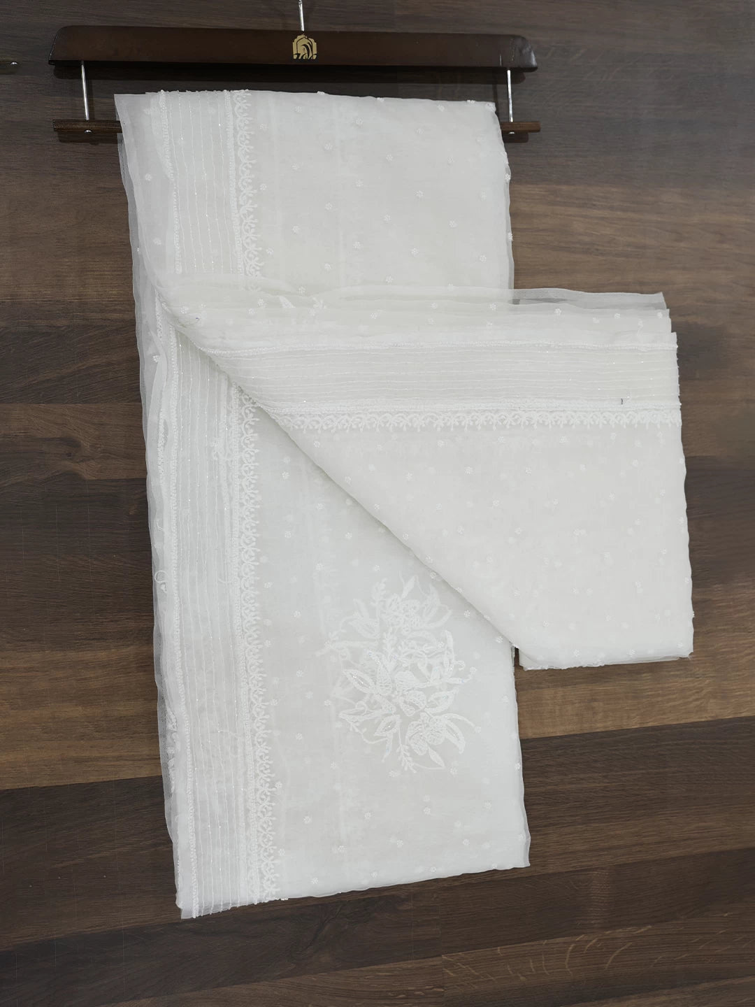 Ada Hand Embroidered White Organza Lucknowi Chikankari Saree With Blouse And Pearl Work 01A518735