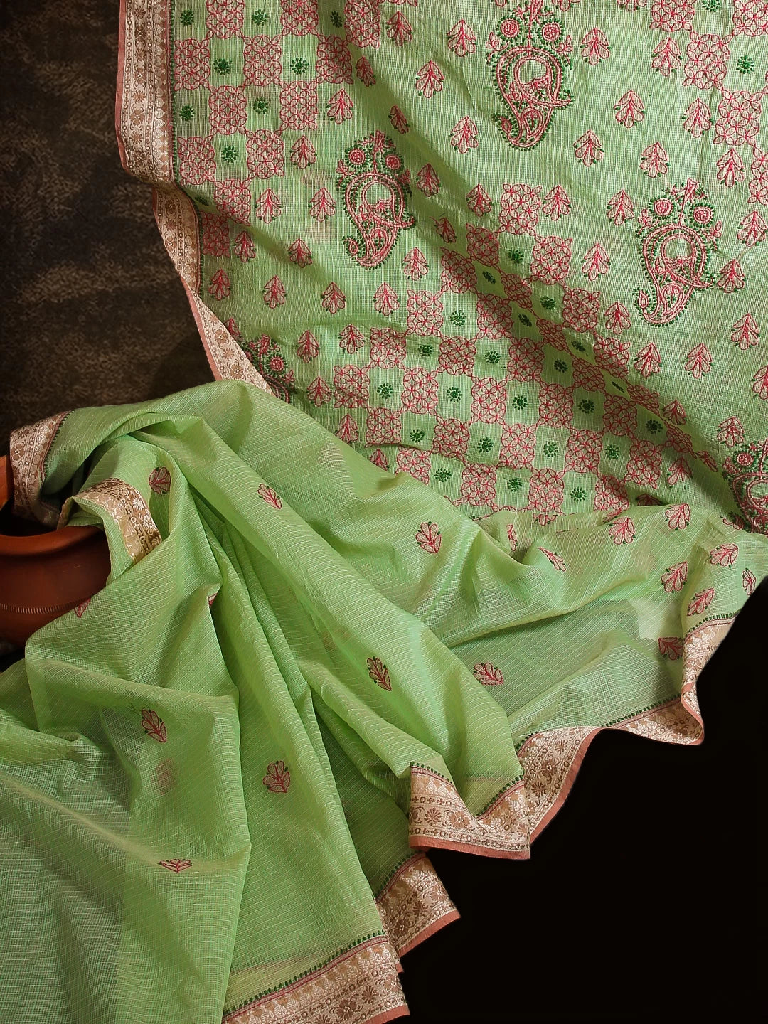 Ada Hand Embroidered Light Green Kota Chanderi Lucknowi Chikankari Saree With Blouse 01A468540