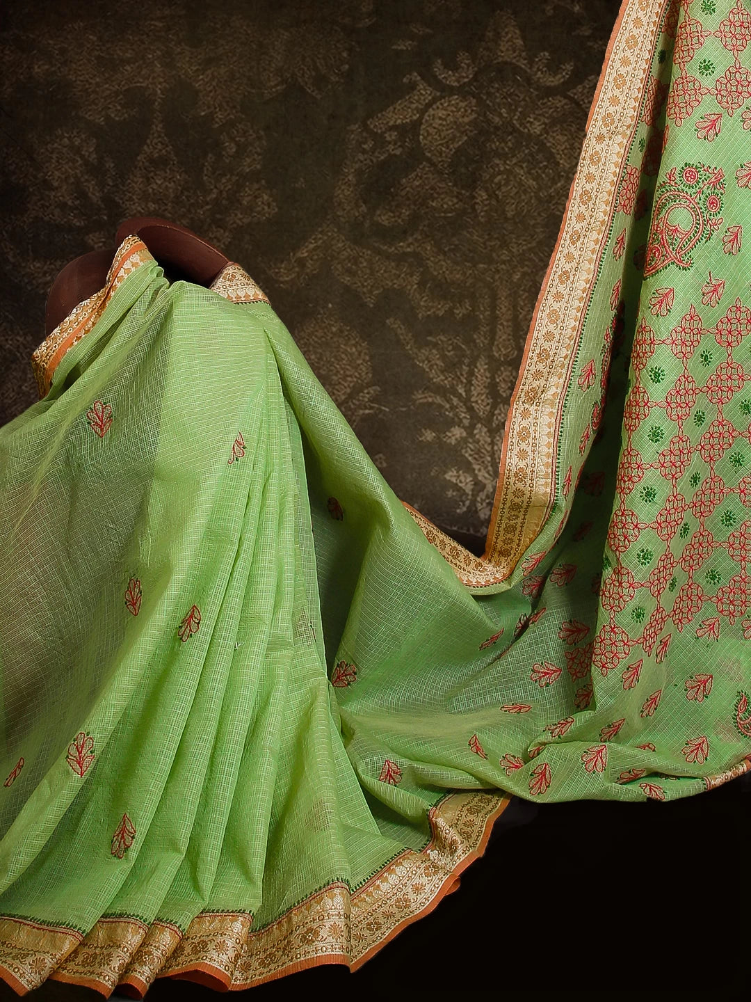 Ada Hand Embroidered Light Green Kota Chanderi Lucknowi Chikankari Saree With Blouse 01A468540