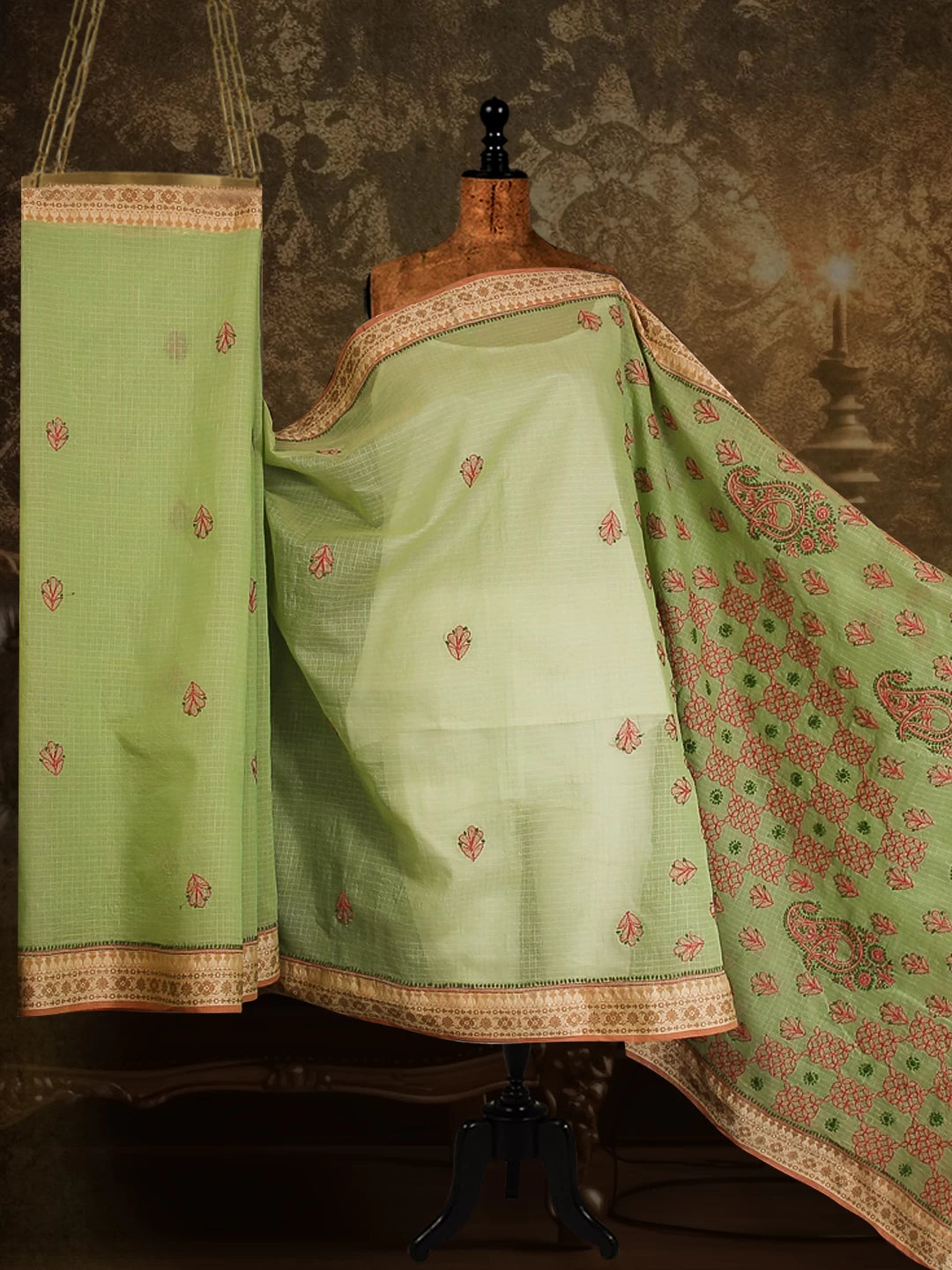 Ada Hand Embroidered Light Green Kota Chanderi Lucknowi Chikankari Saree With Blouse 01A468540