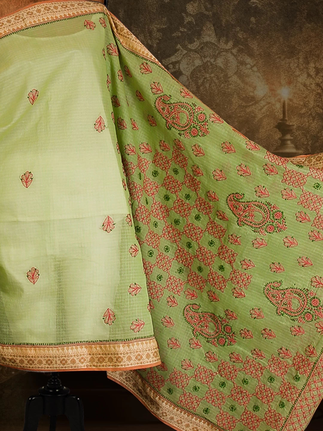 Ada Hand Embroidered Light Green Kota Chanderi Lucknowi Chikankari Saree With Blouse 01A468540