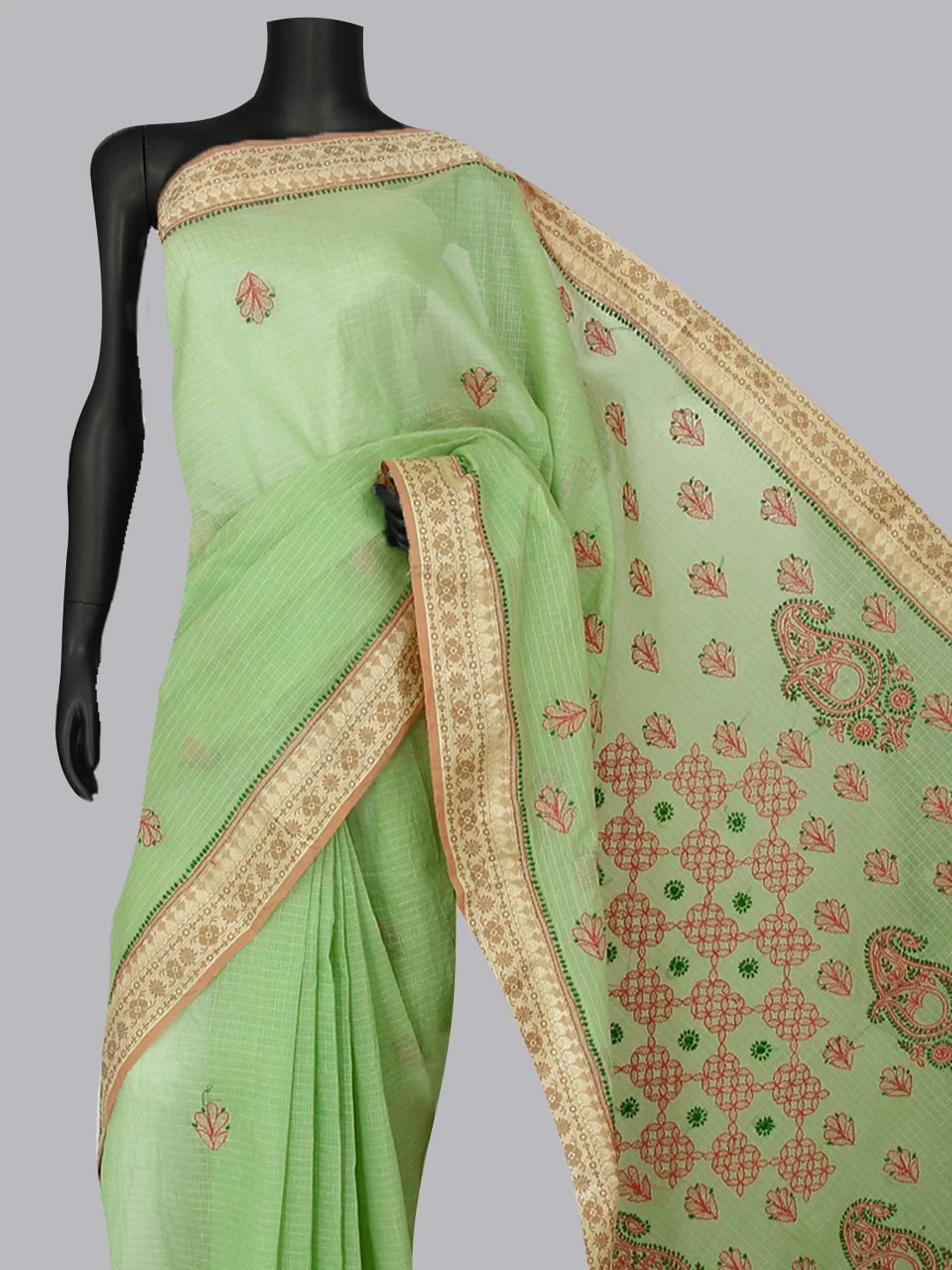 Ada Hand Embroidered Light Green Kota Chanderi Lucknowi Chikankari Saree With Blouse 01A468540