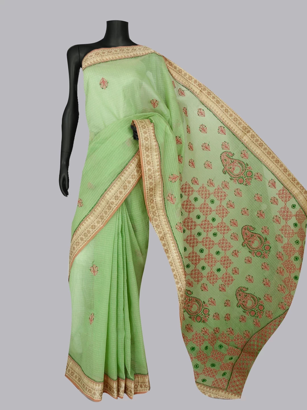 Ada Hand Embroidered Light Green Kota Chanderi Lucknowi Chikankari Saree With Blouse 01A468540