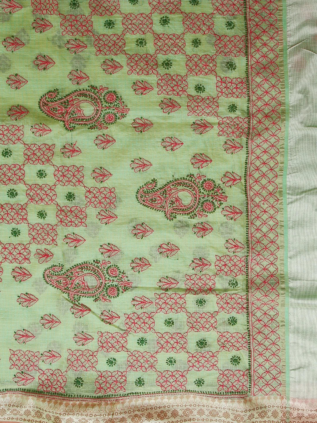 Ada Hand Embroidered Light Green Kota Chanderi Lucknowi Chikankari Saree With Blouse 01A468540