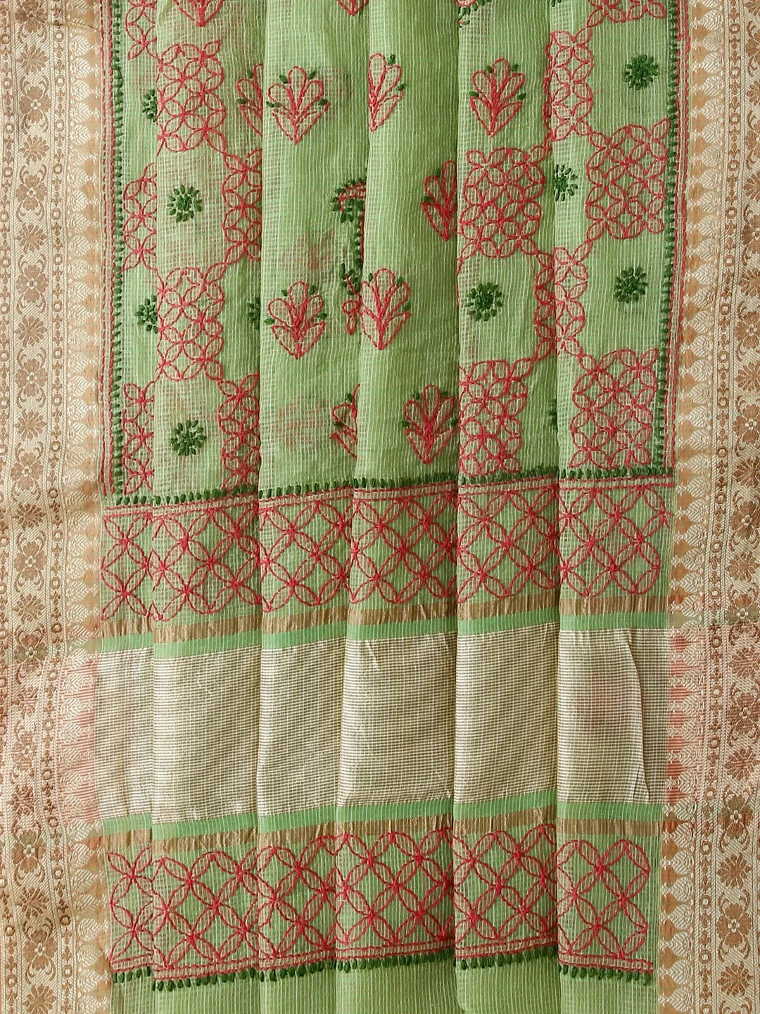 Ada Hand Embroidered Light Green Kota Chanderi Lucknowi Chikankari Saree With Blouse 01A468540