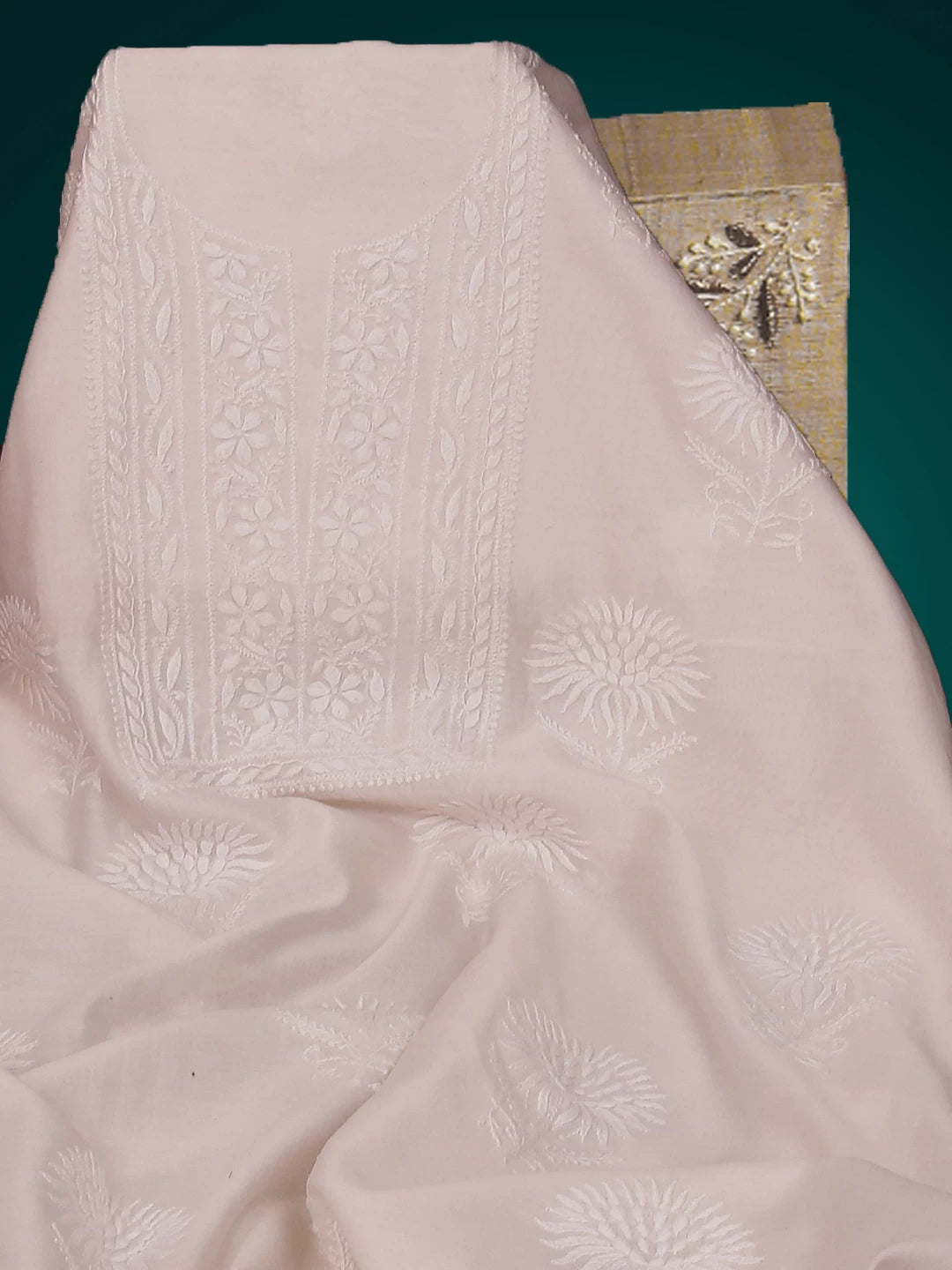 Ada Hand Embroidered Ivory White Chanderi Lucknowi Chikankari Unstitched Kurta Piece 01A17261