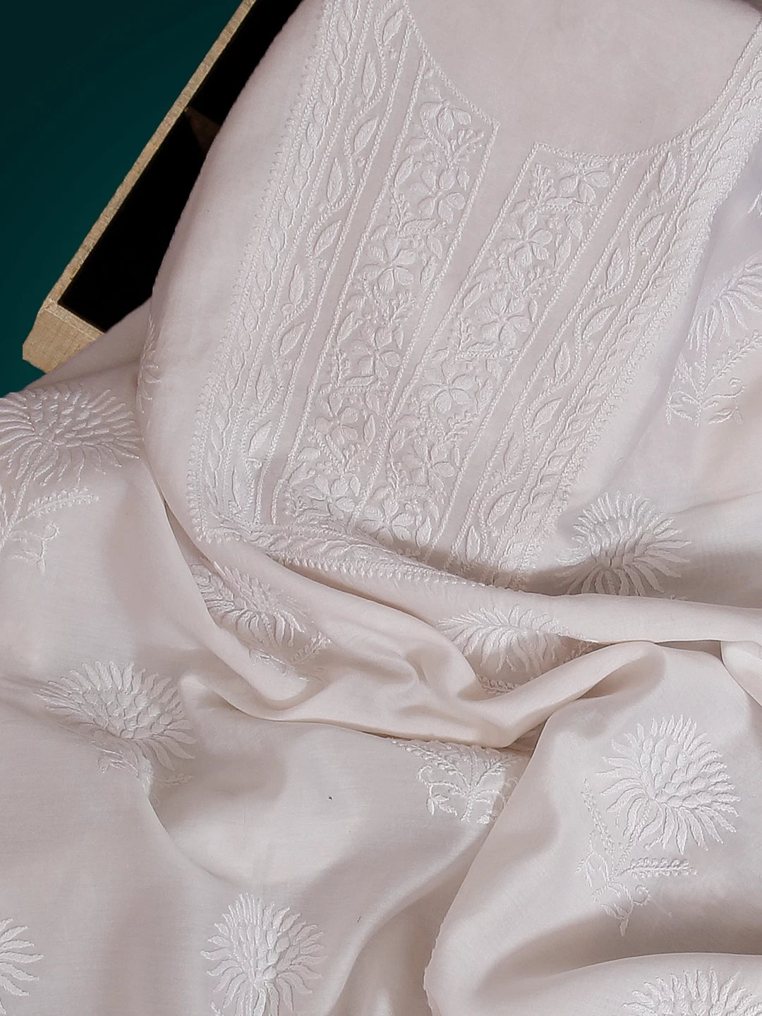 Ada Hand Embroidered Ivory White Chanderi Lucknowi Chikankari Unstitched Kurta Piece 01A17261