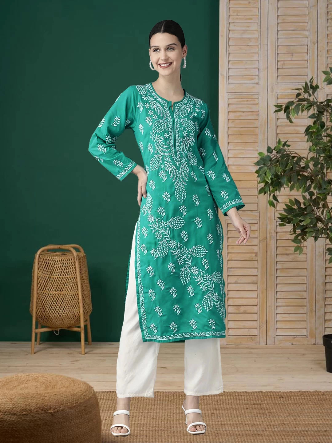 Ada Hand Embroidered Rama Green Cotton Lucknowi Chikankari Straight Kurta A411415