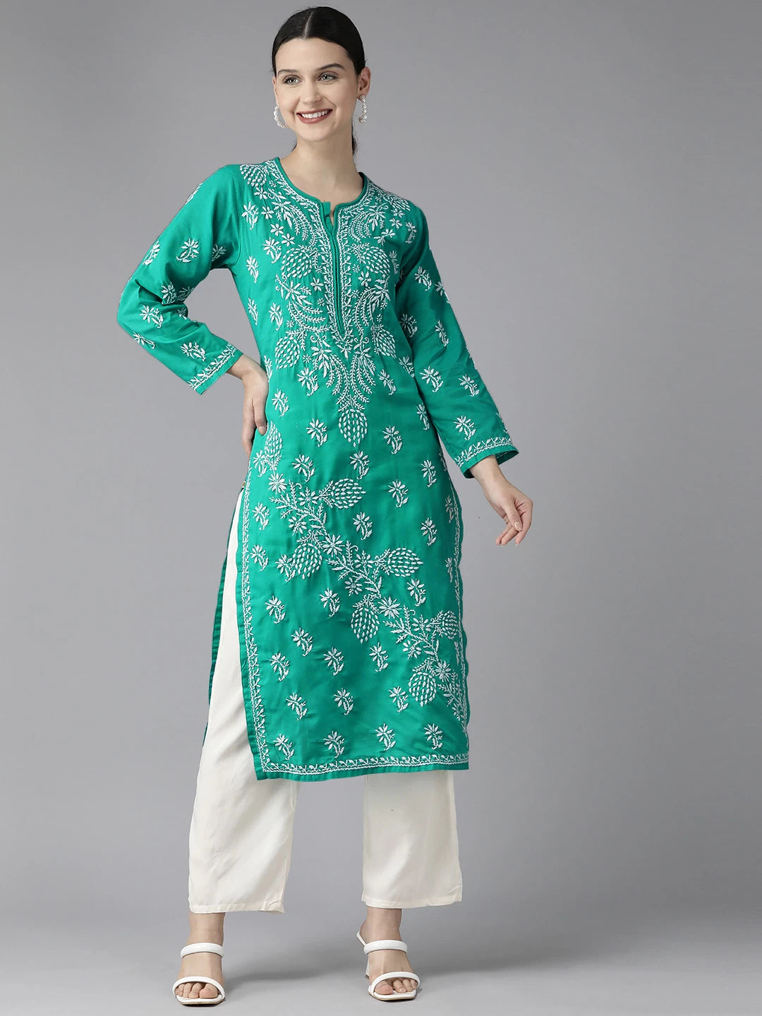 Ada Hand Embroidered Rama Green Cotton Lucknowi Chikankari Straight Kurta A411415