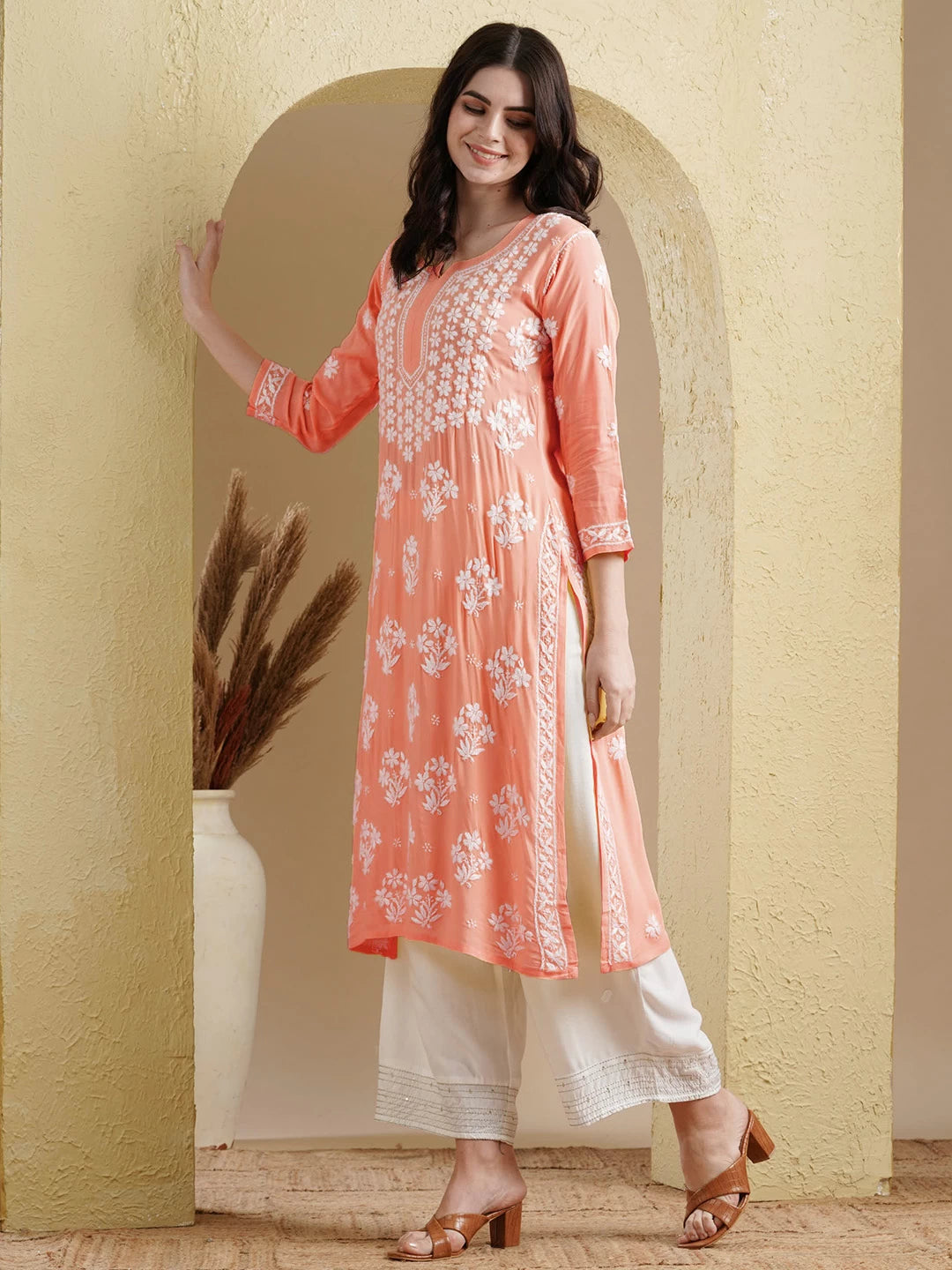 Ada Hand Embroidered Peach Modal Lucknowi Chikankari Straight Kurta A411533