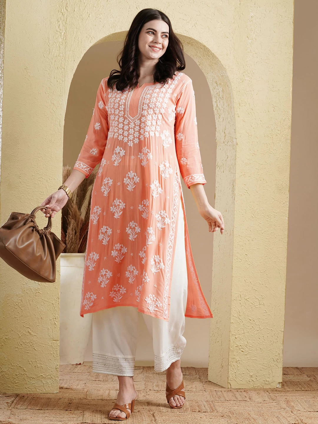 Ada Hand Embroidered Peach Modal Lucknowi Chikankari Straight Kurta A411533