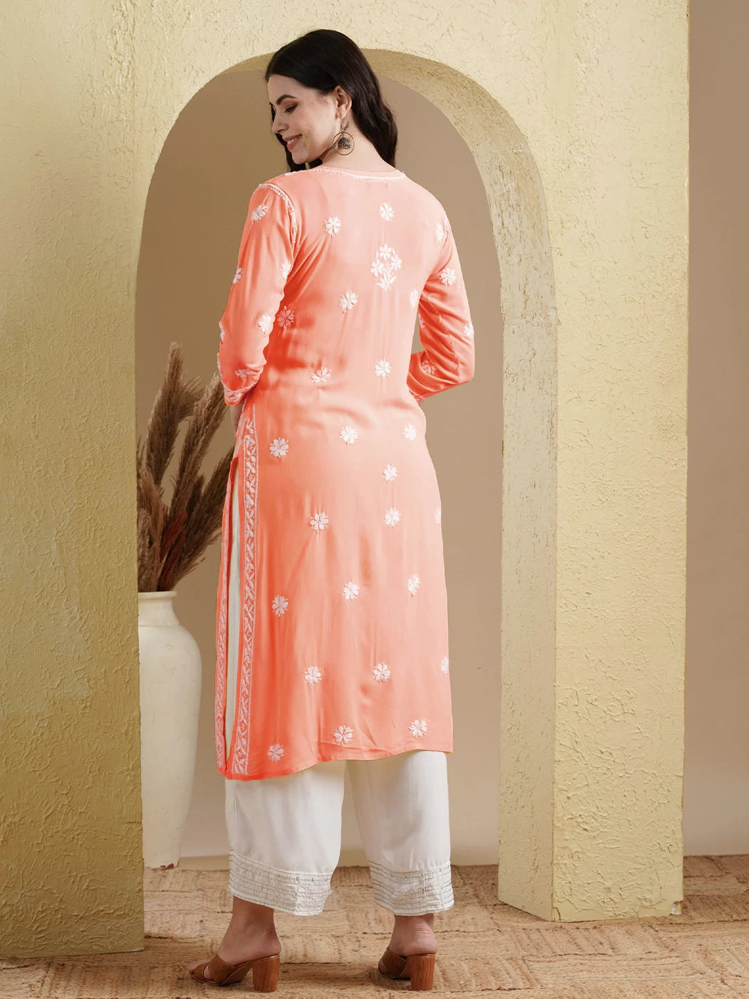Ada Hand Embroidered Peach Modal Lucknowi Chikankari Straight Kurta A411533