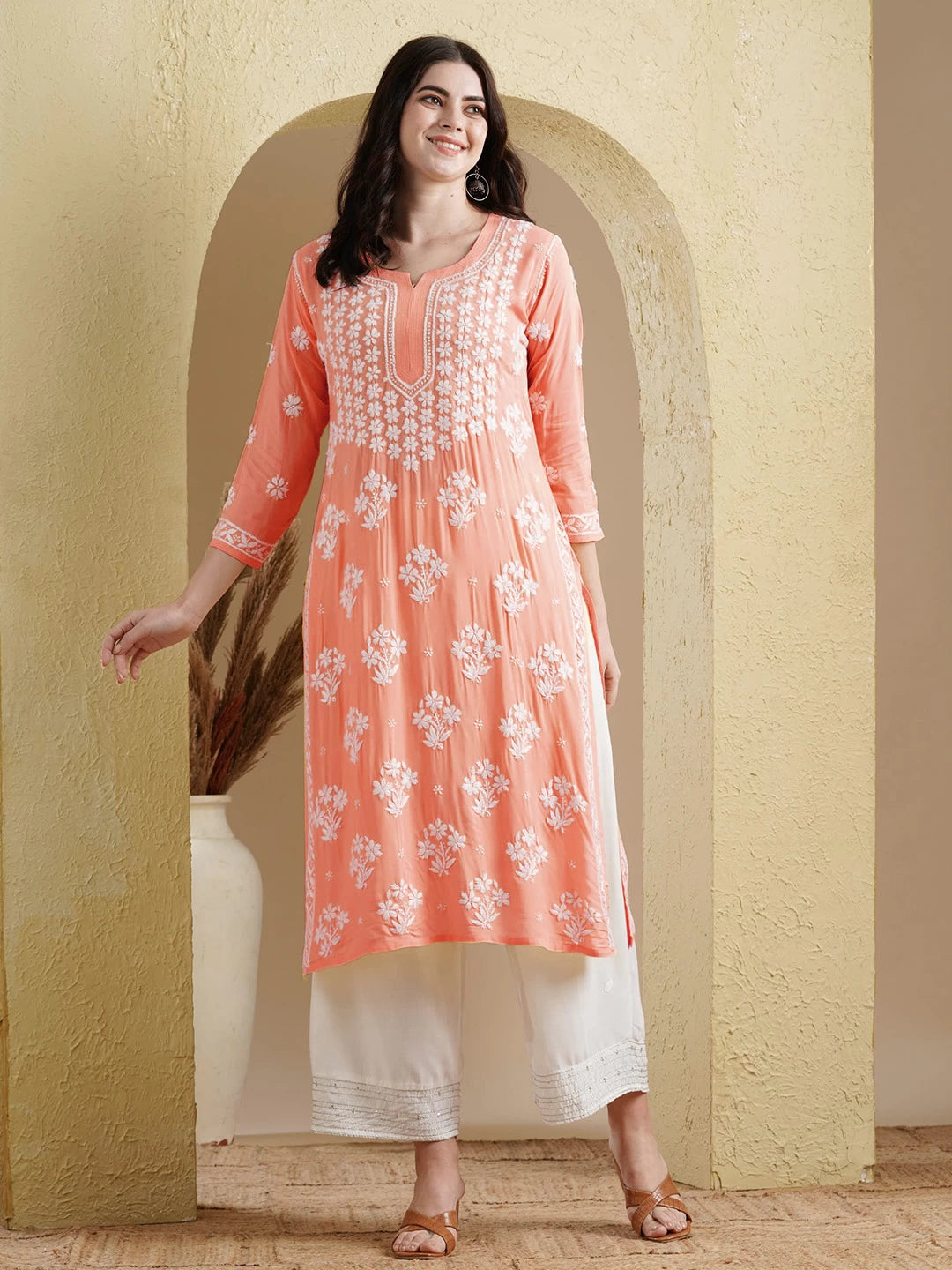 Ada Hand Embroidered Peach Modal Lucknowi Chikankari Straight Kurta A411533