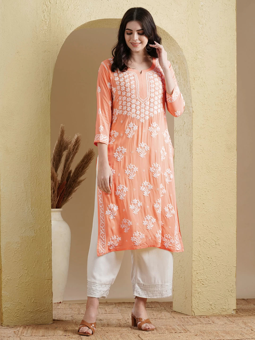 Ada Hand Embroidered Peach Modal Lucknowi Chikankari Straight Kurta A411533