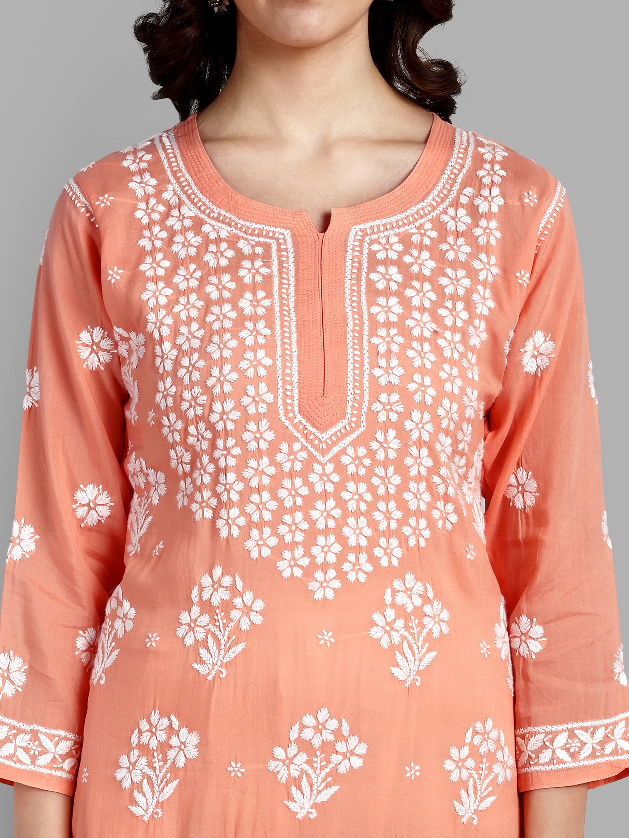Ada Hand Embroidered Peach Modal Lucknowi Chikankari Straight Kurta A411533