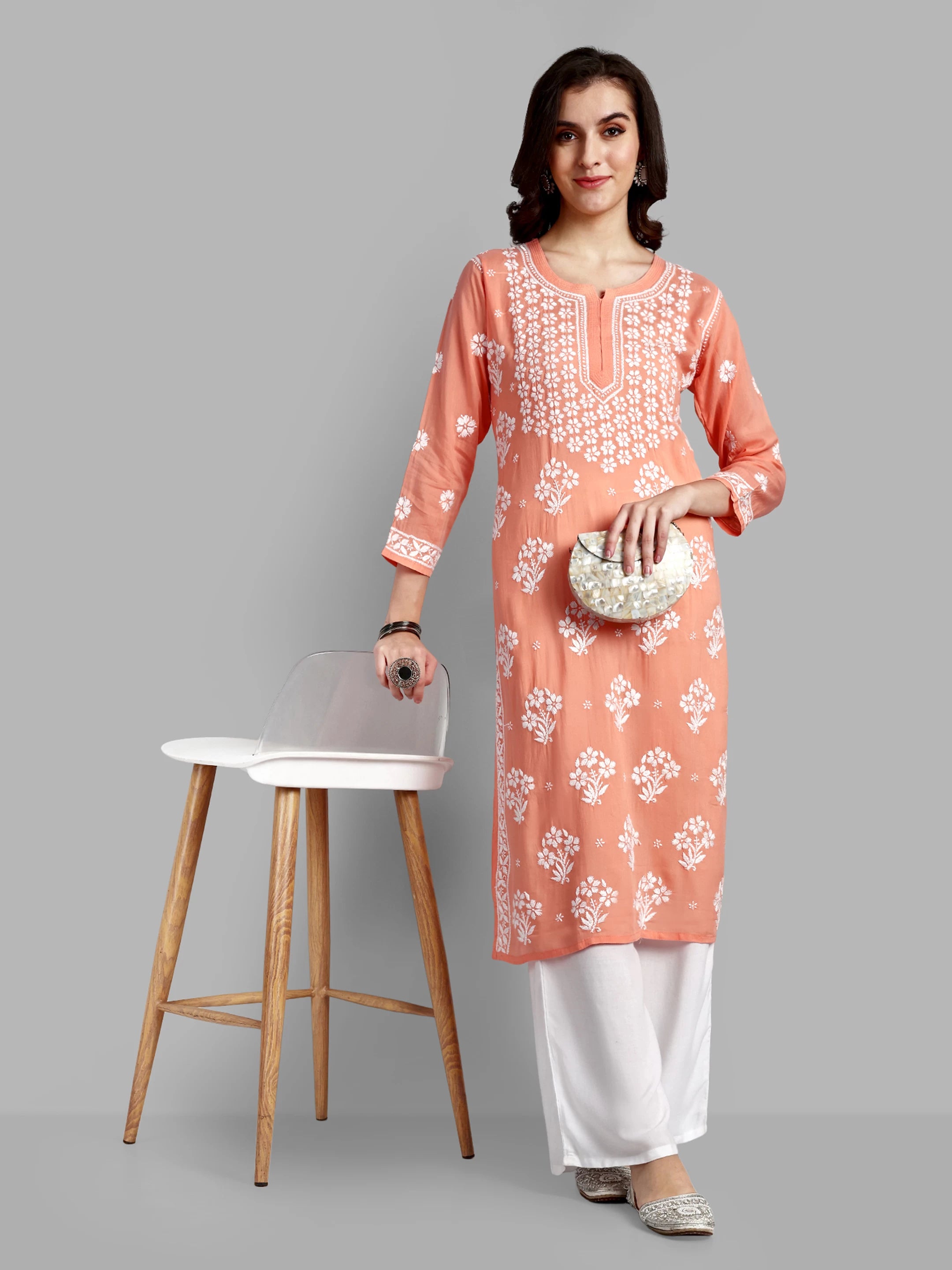 Ada Hand Embroidered Peach Modal Lucknowi Chikankari Straight Kurta A411533