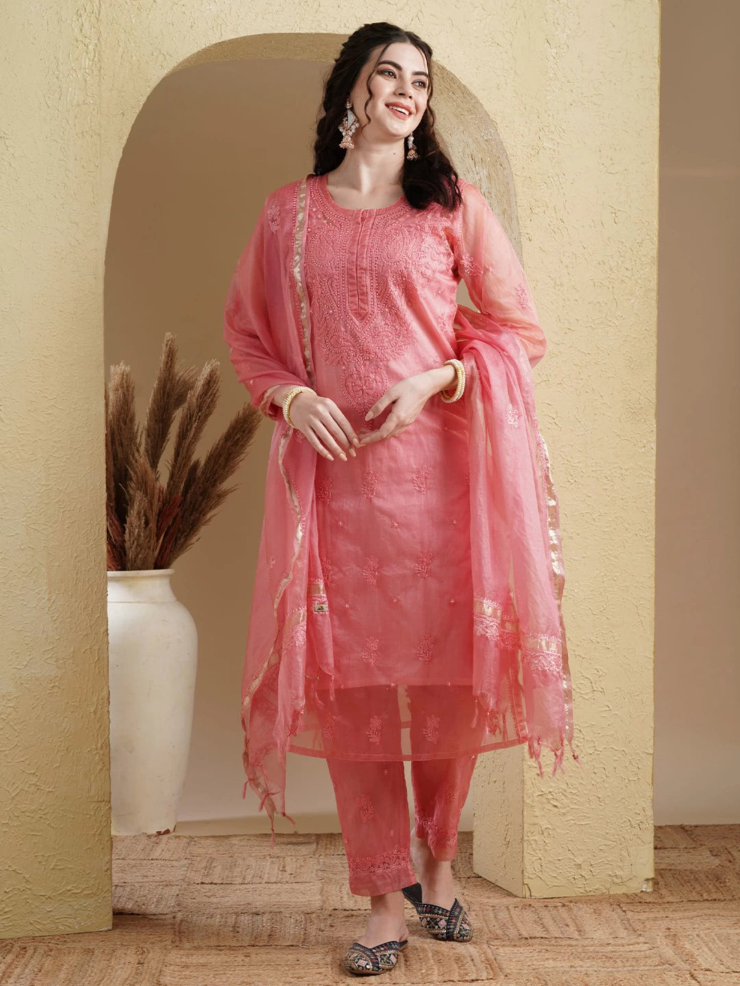 Ada Hand Embroidered Pink Organza Lucknowi Chikankari Straight Kurta Dupatta And Pant Set 01A501472